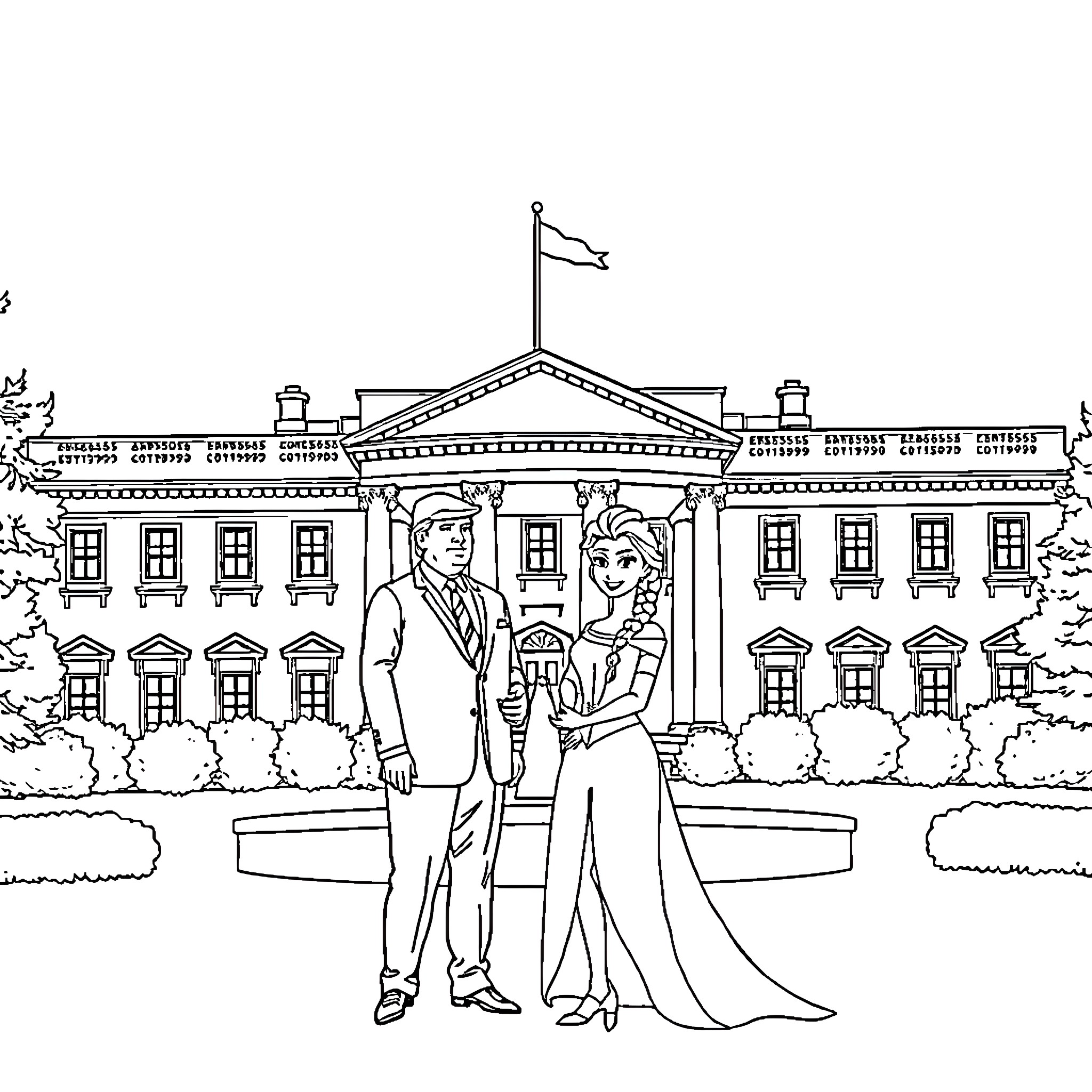 Trump's Lavish White House Wedding Celebration Coloring Page (free black-and-white line drawing printable PDF for all, from beginners to advanced learners, including children, teens, adults, and seniors)