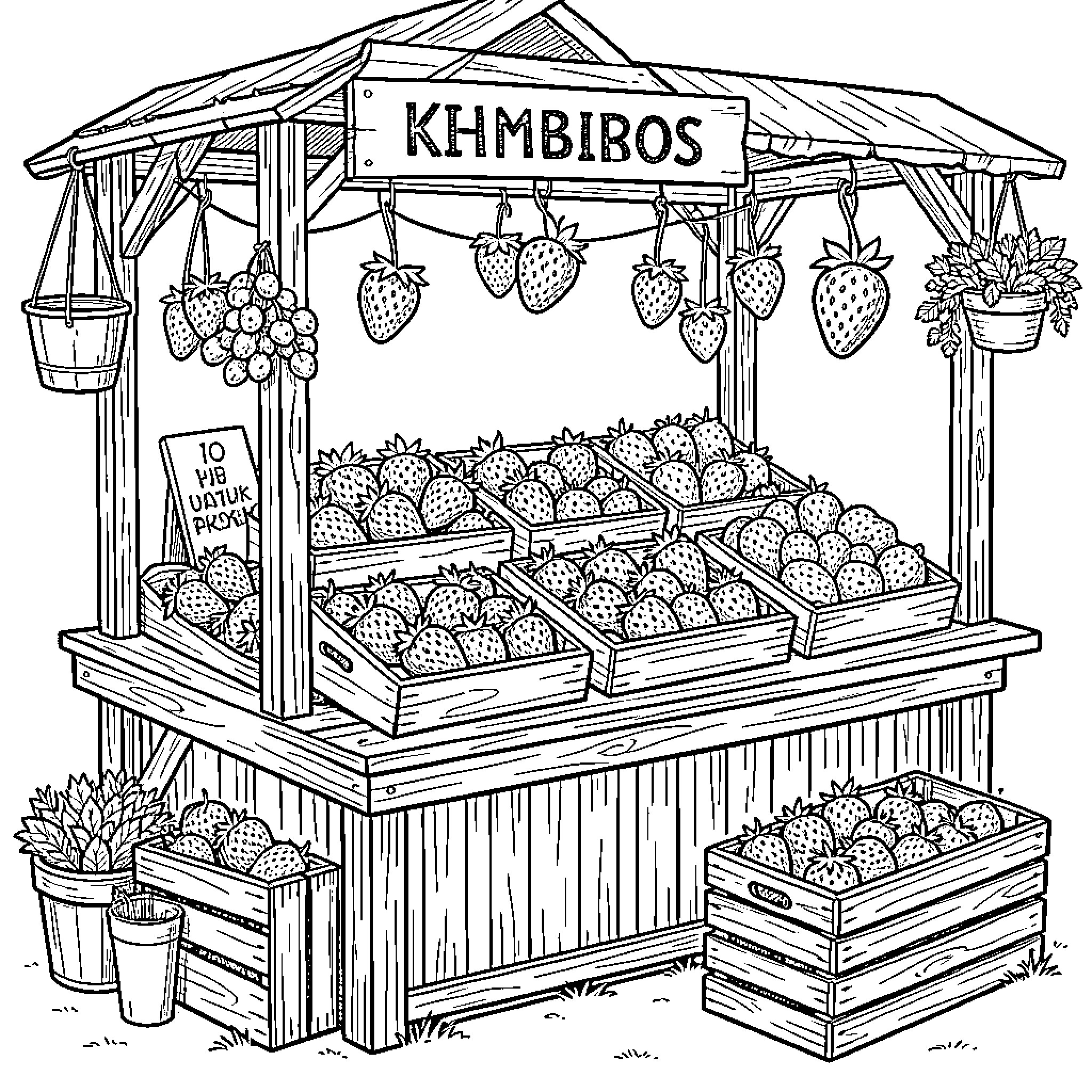 Strawberry stall displaying crates of fresh fruit Coloring Page (free black-and-white line drawing printable PDF for all, from beginners to advanced learners, including children, teens, adults, and seniors)