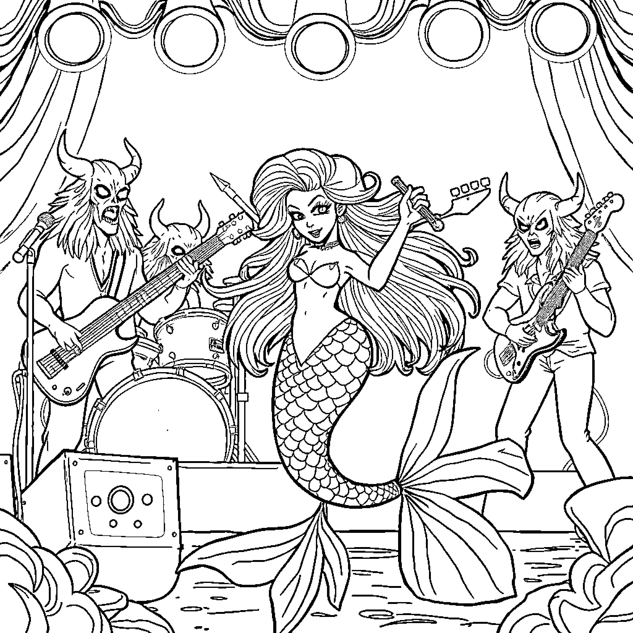 Mermaid Performing Rock Concert with Mythical Creatures Coloring Page (free black-and-white line drawing printable PDF for all, from beginners to advanced learners, including children, teens, adults, and seniors)