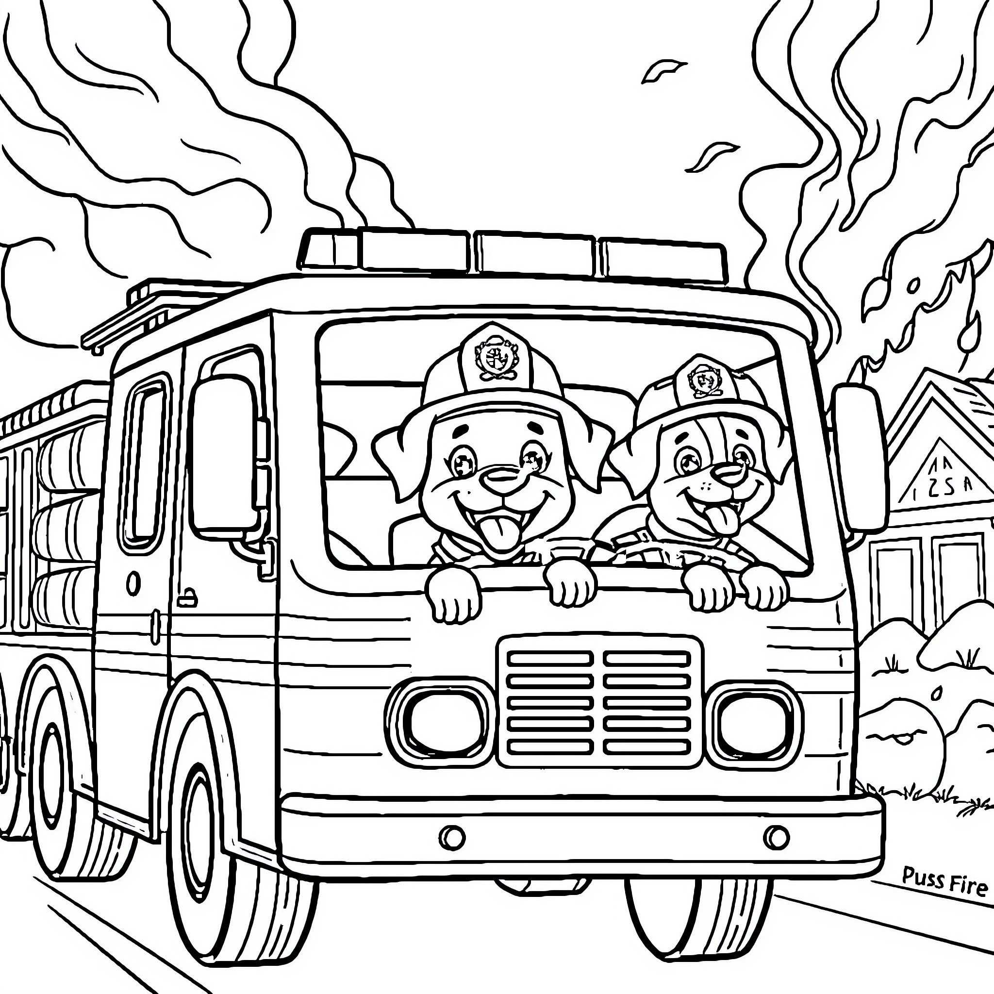 Dog firefighters driving fire truck Coloring Page (free black-and-white line drawing printable PDF for all, from beginners to advanced learners, including children, teens, adults, and seniors)