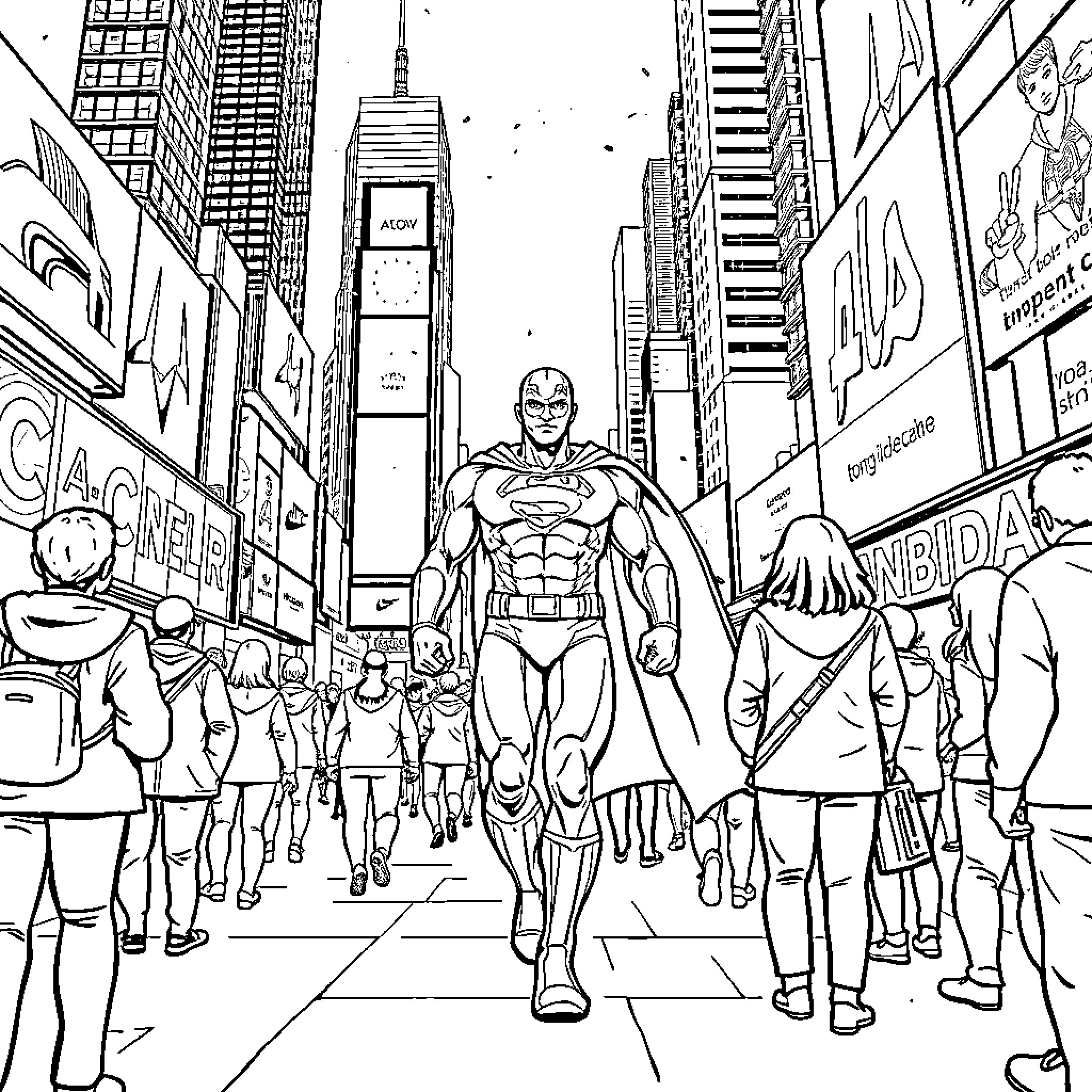 Super Hero Dominates City Streets with Crowds Coloring Page (free black-and-white line drawing printable PDF for all, from beginners to advanced learners, including children, teens, adults, and seniors)