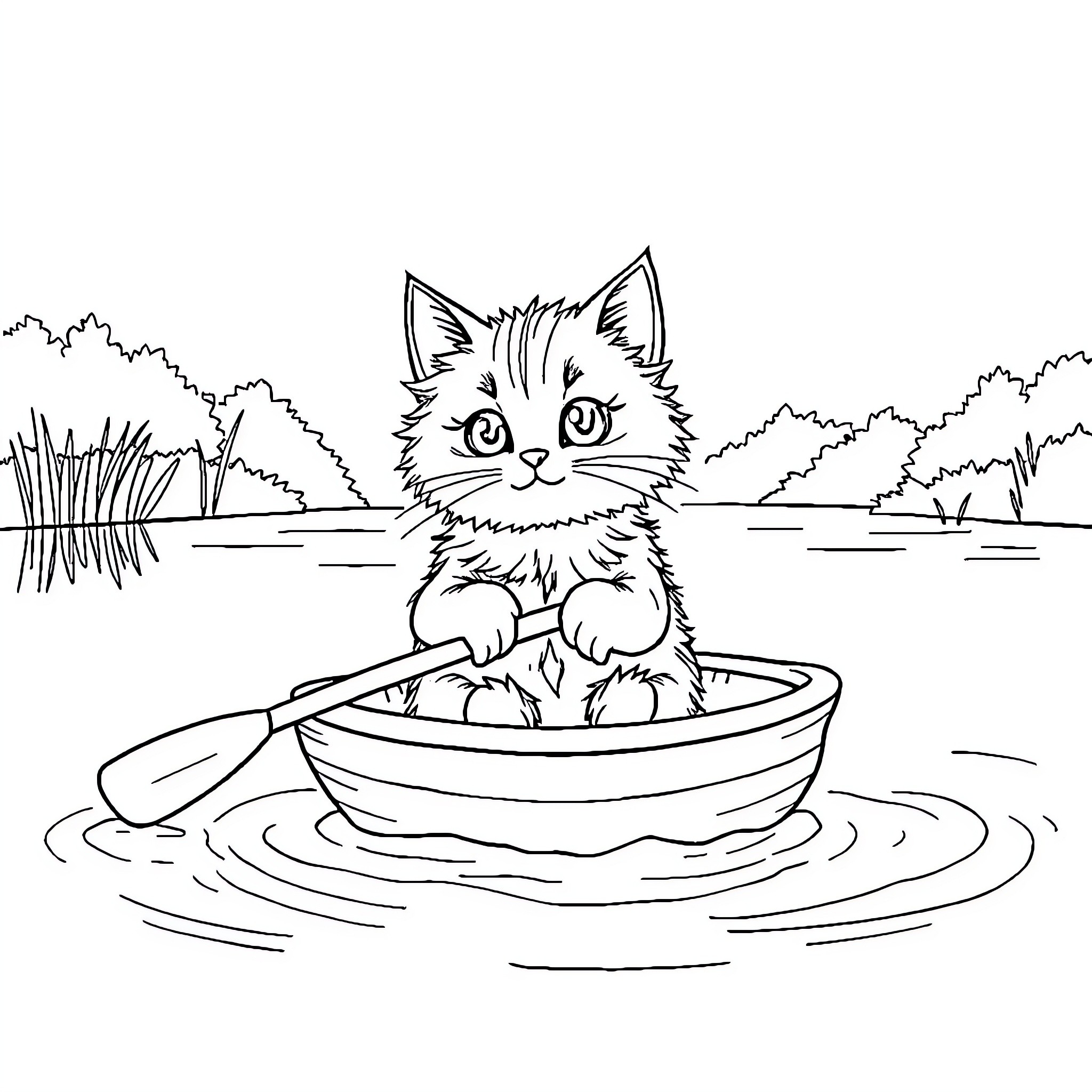 Cat enjoying a boat ride in the water Coloring Page (free black-and-white line drawing printable PDF for all, from beginners to advanced learners, including children, teens, adults, and seniors)