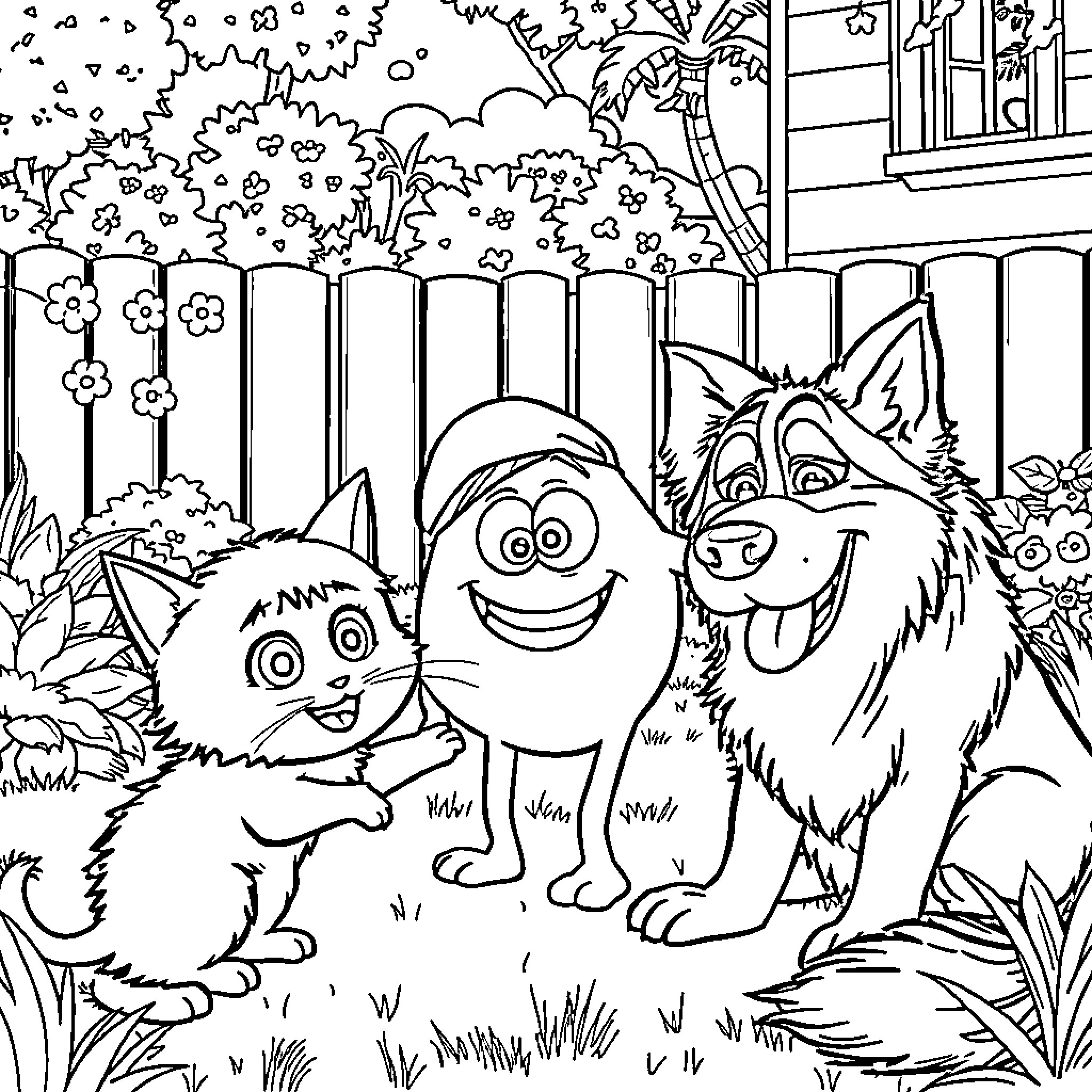Boo Furry Friends Frolicking in the Garden Coloring Page (free black-and-white line drawing printable PDF for all, from beginners to advanced learners, including children, teens, adults, and seniors)