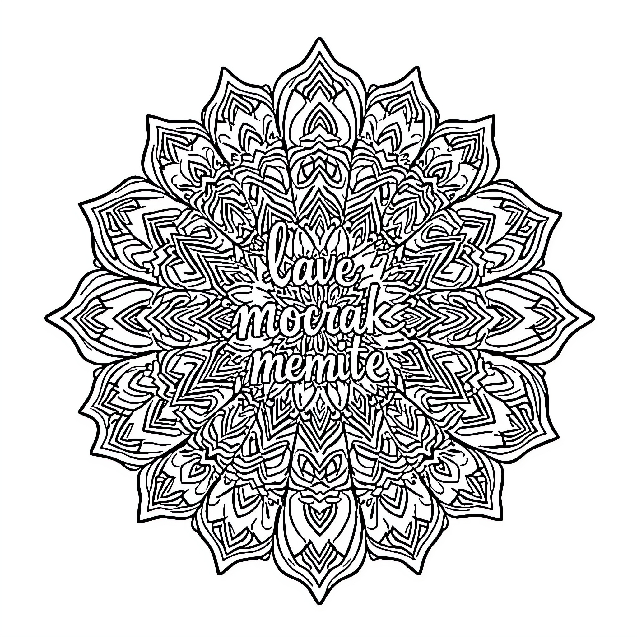 Mandala with intricate floral patterns and text Coloring Page (free black-and-white line drawing printable PDF for all, from beginners to advanced learners, including children, teens, adults, and seniors)