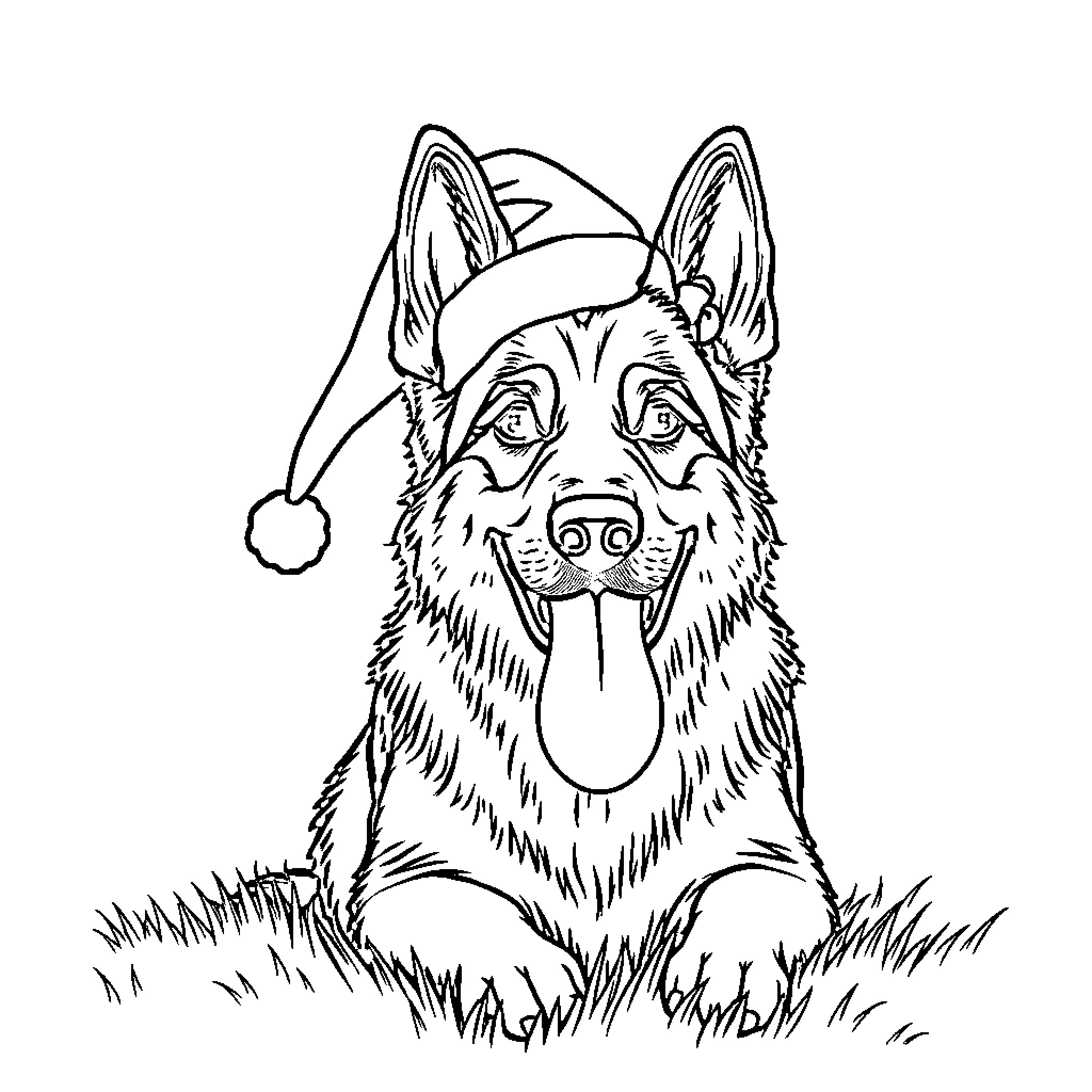German Shepherd wearing Santa hat in the grass Coloring Page (free black-and-white line drawing printable PDF for all, from beginners to advanced learners, including children, teens, adults, and seniors)
