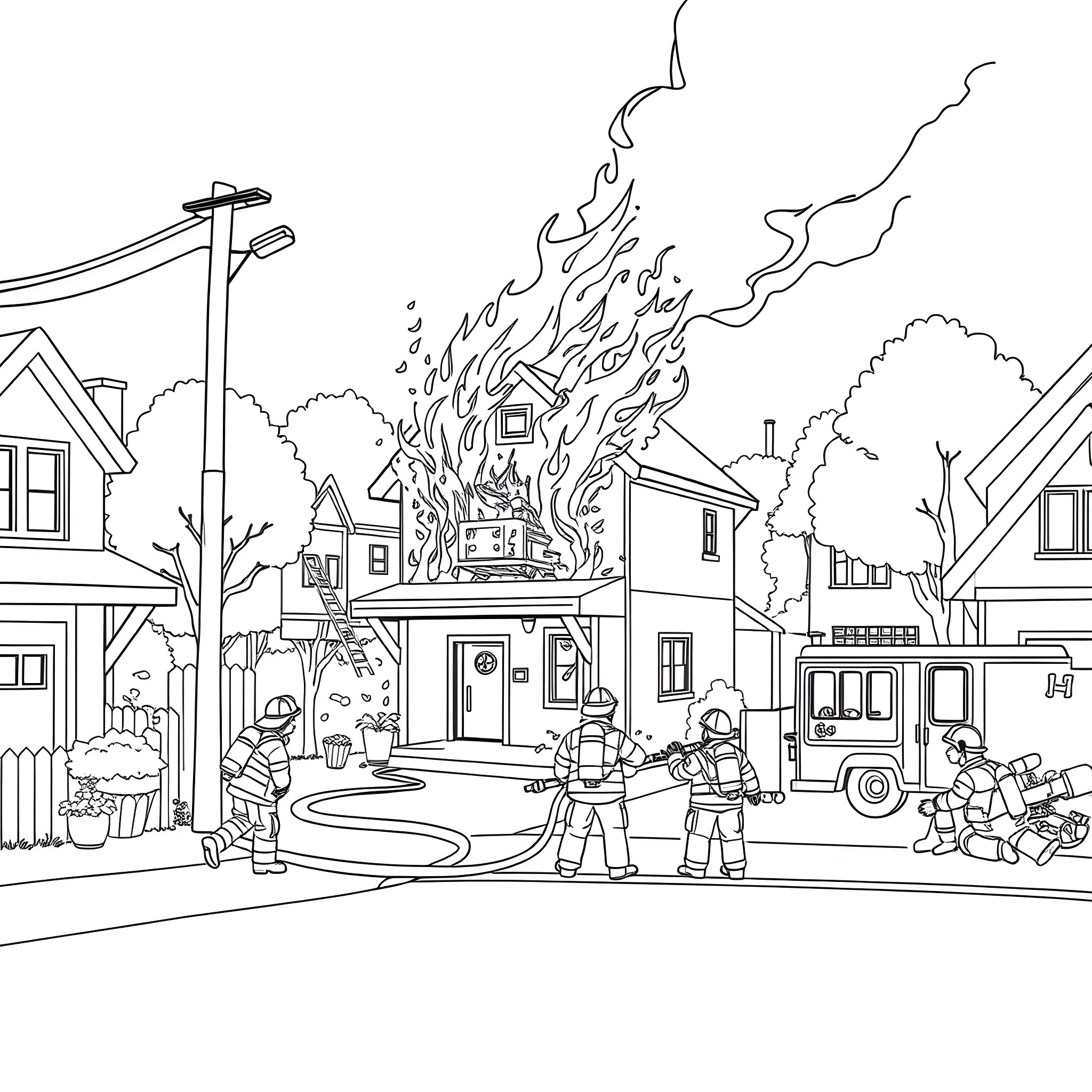 Firefighters battling a blaze in a residential neighborhood Coloring Page (free black-and-white line drawing printable PDF for all, from beginners to advanced learners, including children, teens, adults, and seniors)