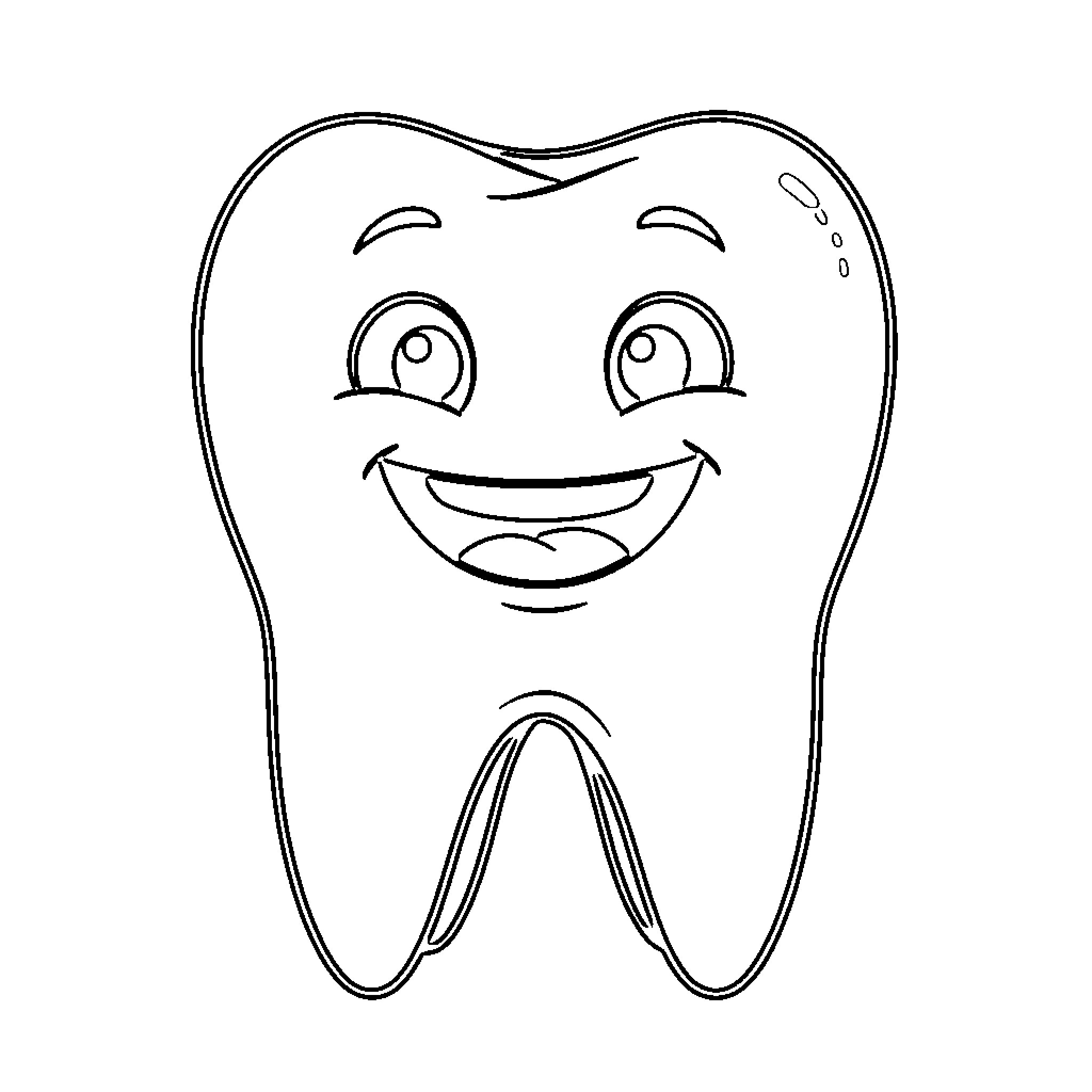 Tooth with a happy expression Coloring Page (free black-and-white line drawing printable PDF for all, from beginners to advanced learners, including children, teens, adults, and seniors)