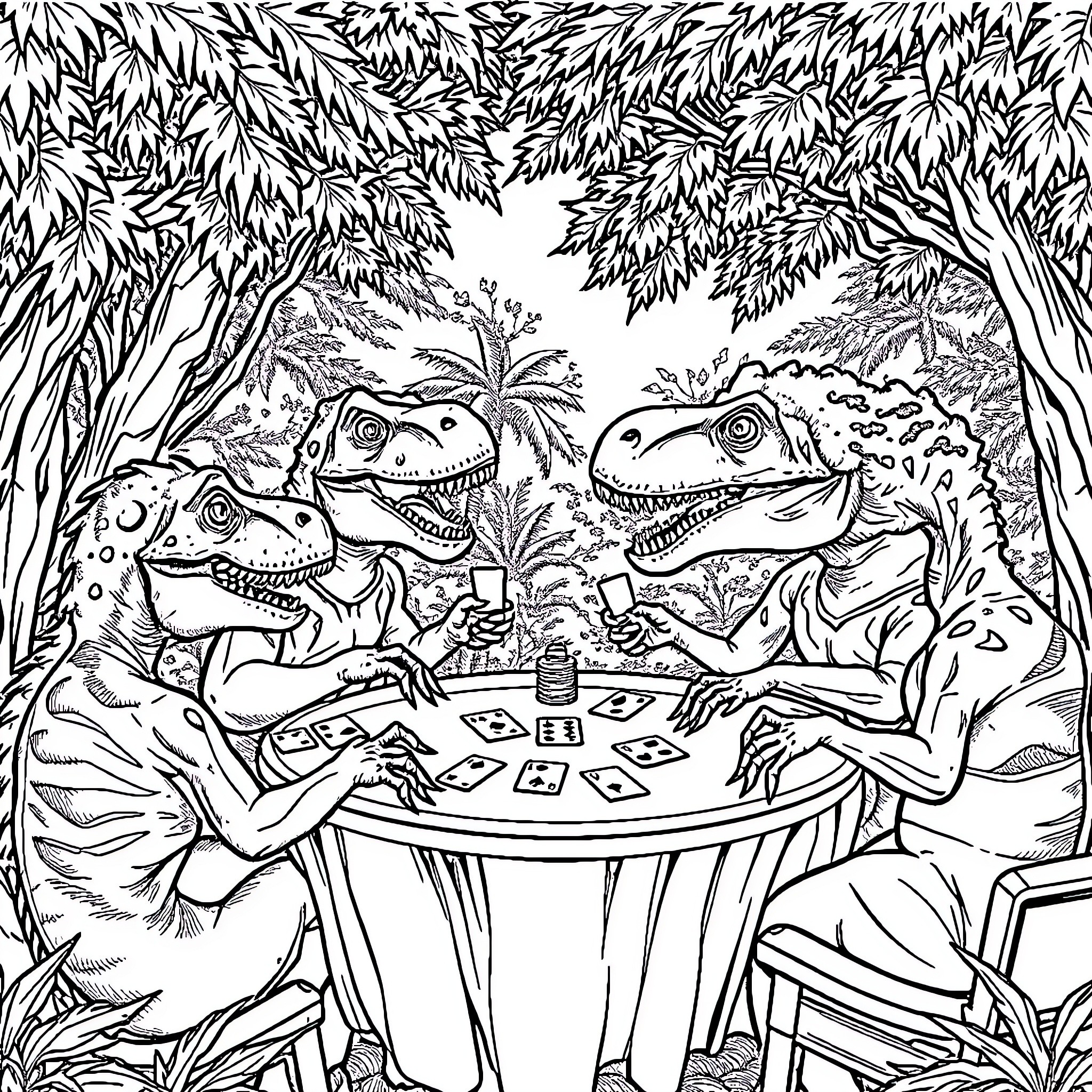 Dinosaurs Playing Cards in the Jungle Coloring Page (free black-and-white line drawing printable PDF for all, from beginners to advanced learners, including children, teens, adults, and seniors)