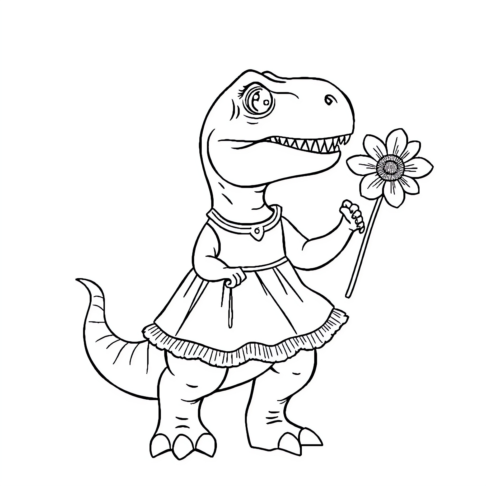 T-Rex holding a flower and wearing a dress Coloring Page (free black-and-white line drawing printable PDF for all, from beginners to advanced learners, including children, teens, adults, and seniors)