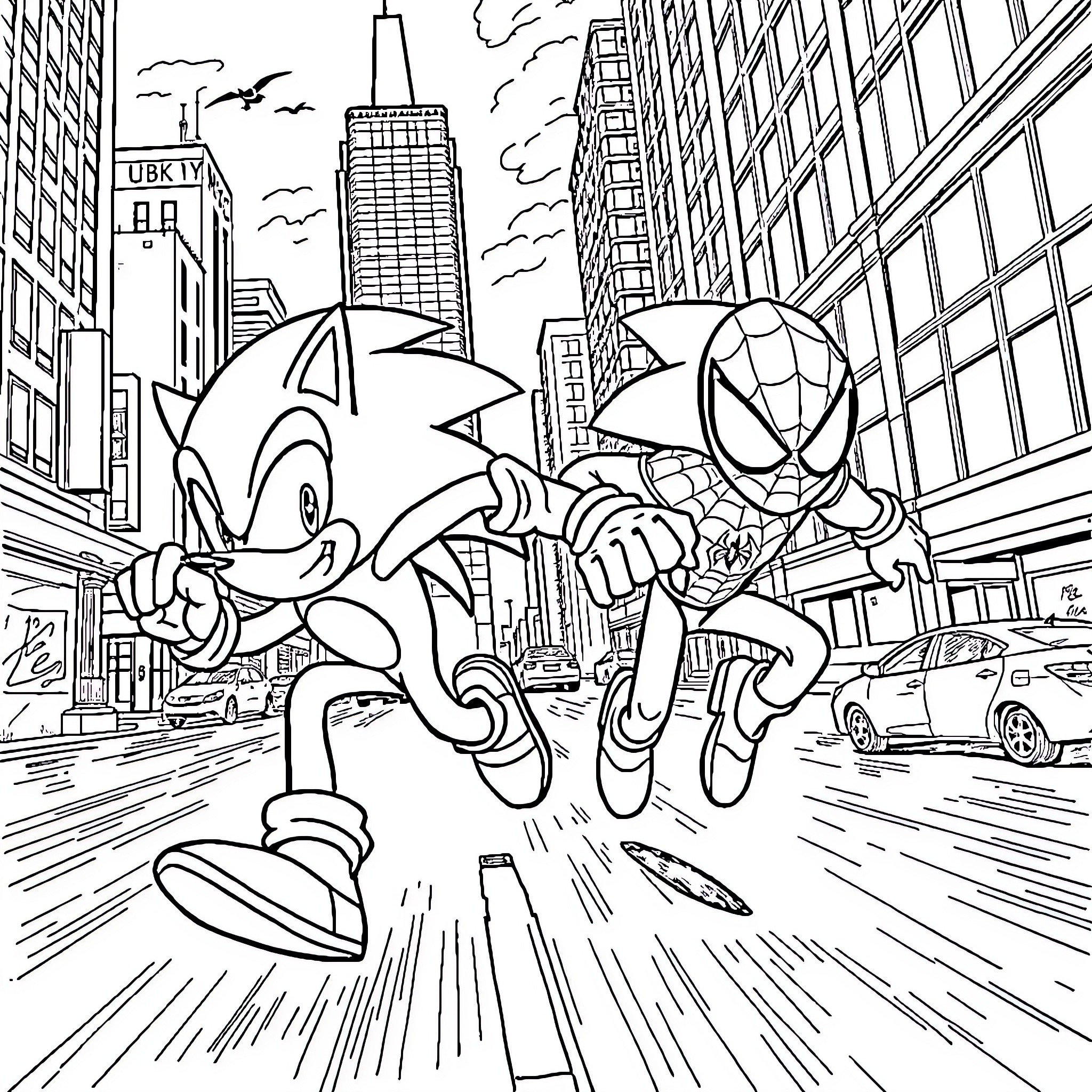 Sonic and Spider-Man racing through the city Coloring Page (free black-and-white line drawing printable PDF for all, from beginners to advanced learners, including children, teens, adults, and seniors)