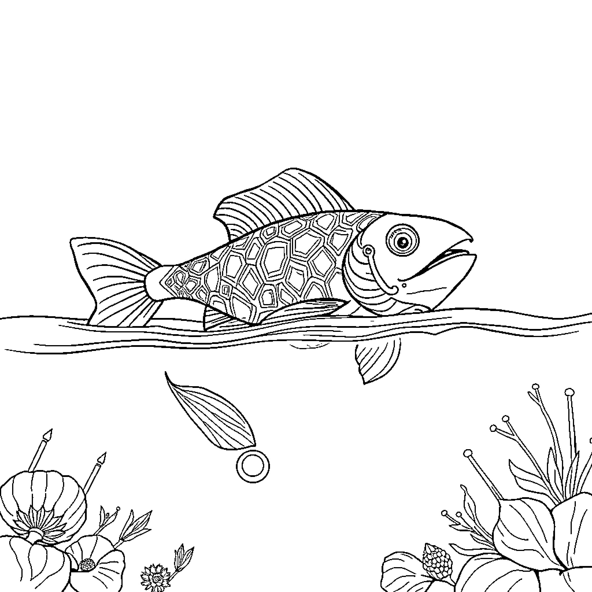 Truite swimming gracefully through aquatic flora Coloring Page (free black-and-white line drawing printable PDF for all, from beginners to advanced learners, including children, teens, adults, and seniors)