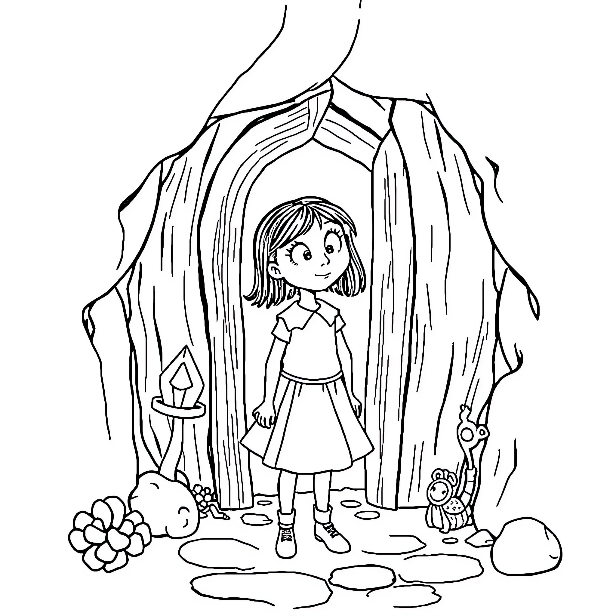 Coraline exploring a fantastical cave-like world Coloring Page (free black-and-white line drawing printable PDF for all, from beginners to advanced learners, including children, teens, adults, and seniors)