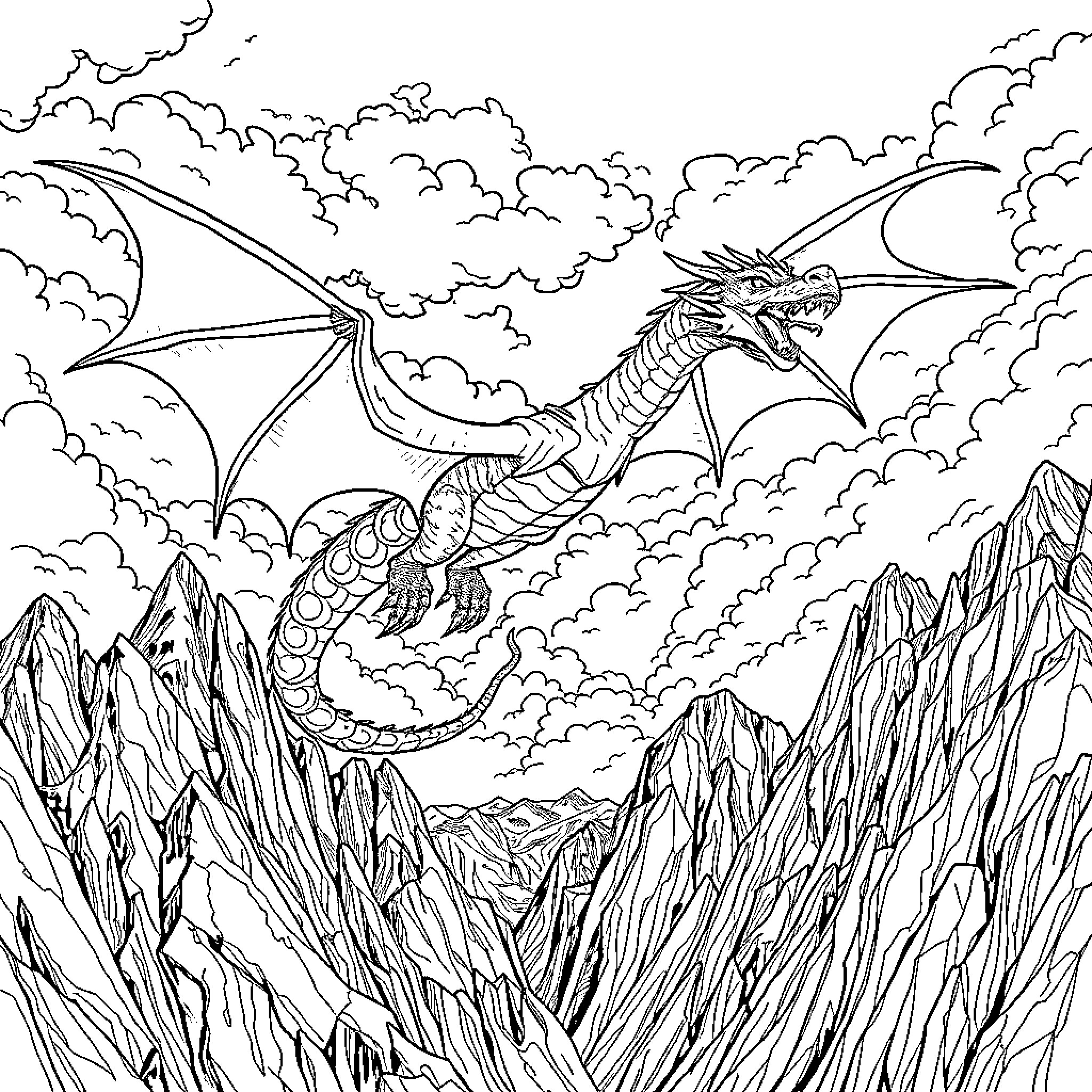 Dragon soaring over the cloudy mountain peaks Coloring Page (free black-and-white line drawing printable PDF for all, from beginners to advanced learners, including children, teens, adults, and seniors)