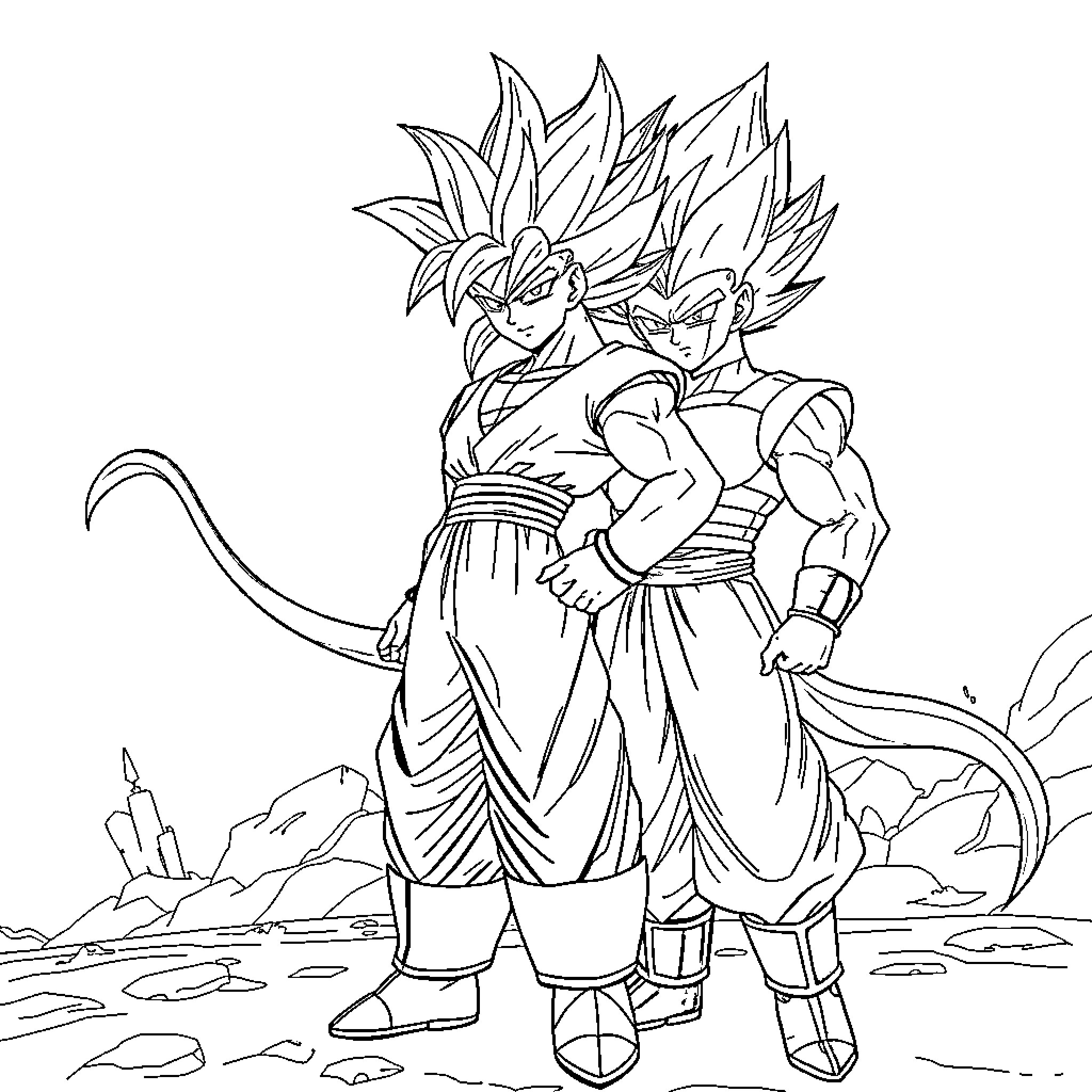 Sangoku warriors in fierce battle stance Coloring Page (free black-and-white line drawing printable PDF for all, from beginners to advanced learners, including children, teens, adults, and seniors)