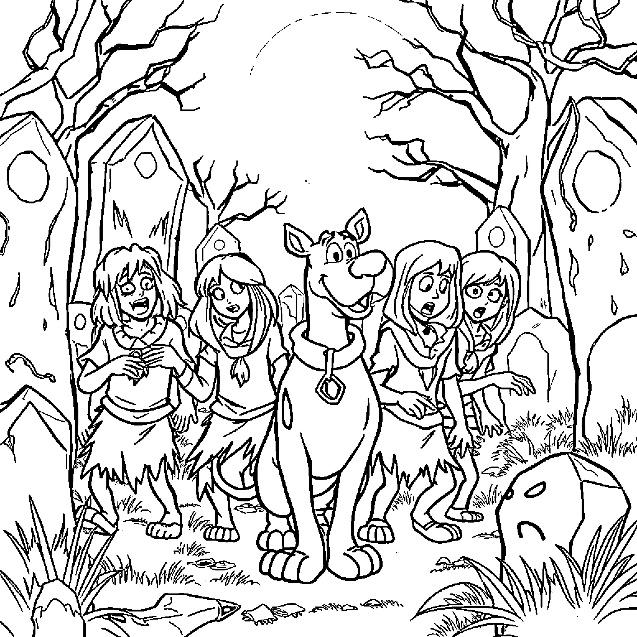 Scooby Doo and the Mystery in the Haunted Woods Coloring Page (free black-and-white line drawing printable PDF for all, from beginners to advanced learners, including children, teens, adults, and seniors)