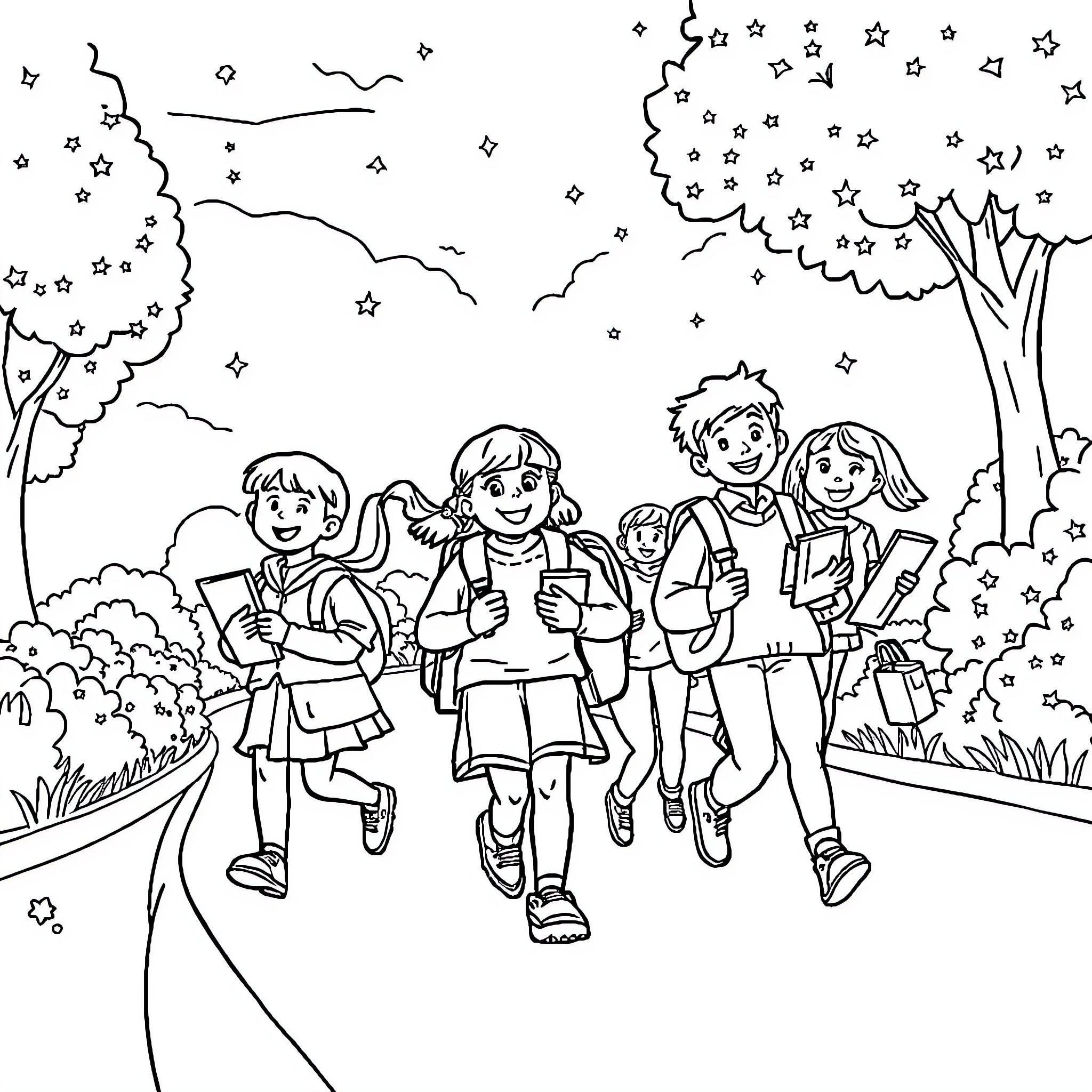 Students exploring nature on a starry night Coloring Page (free black-and-white line drawing printable PDF for all, from beginners to advanced learners, including children, teens, adults, and seniors)