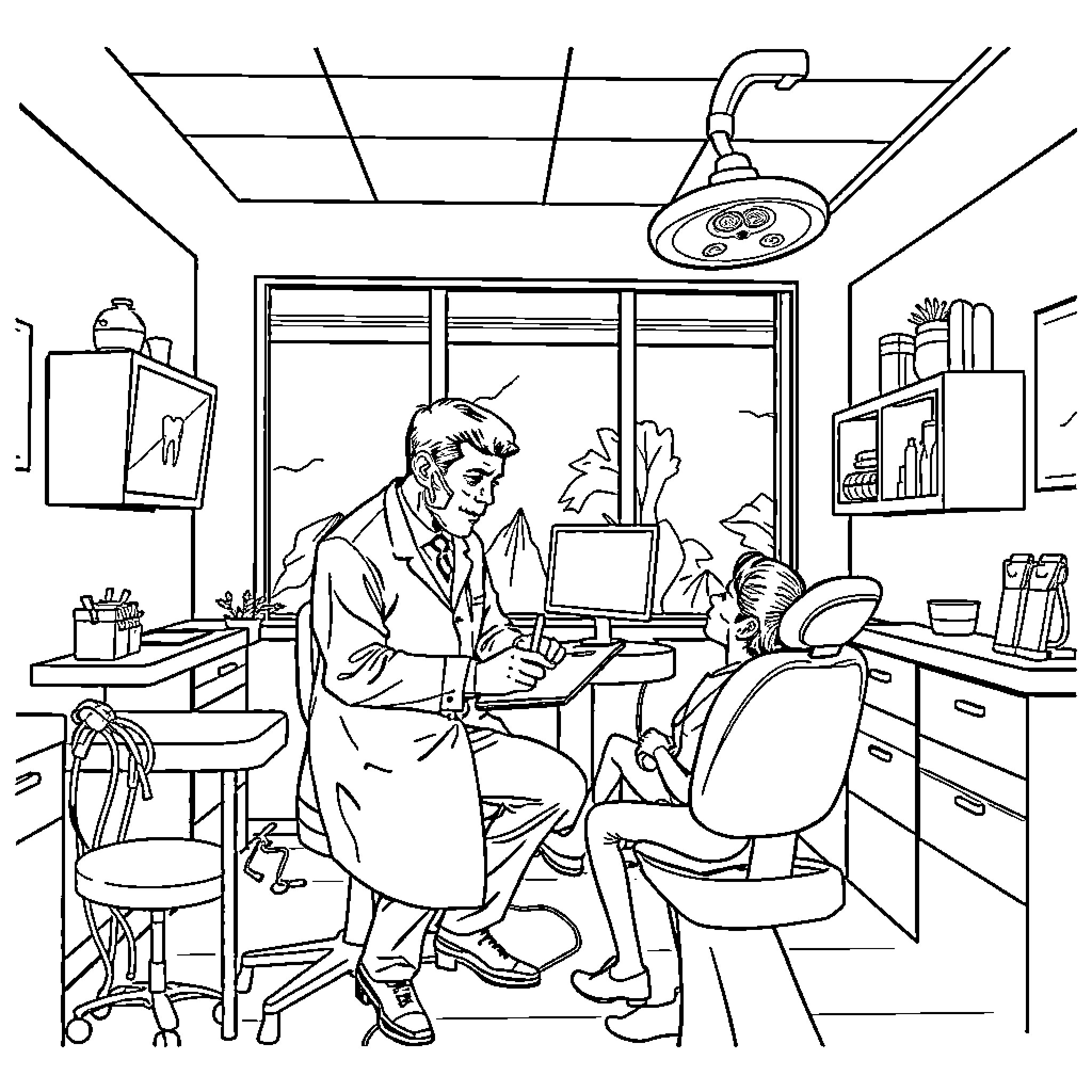 Doctor examining patient in medical office Coloring Page (free black-and-white line drawing printable PDF for all, from beginners to advanced learners, including children, teens, adults, and seniors)
