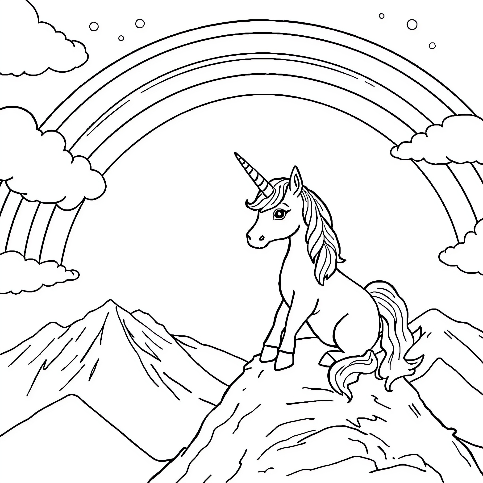 Einhorn's Magical Landscape with Rainbow Coloring Page (free black-and-white line drawing printable PDF for all, from beginners to advanced learners, including children, teens, adults, and seniors)