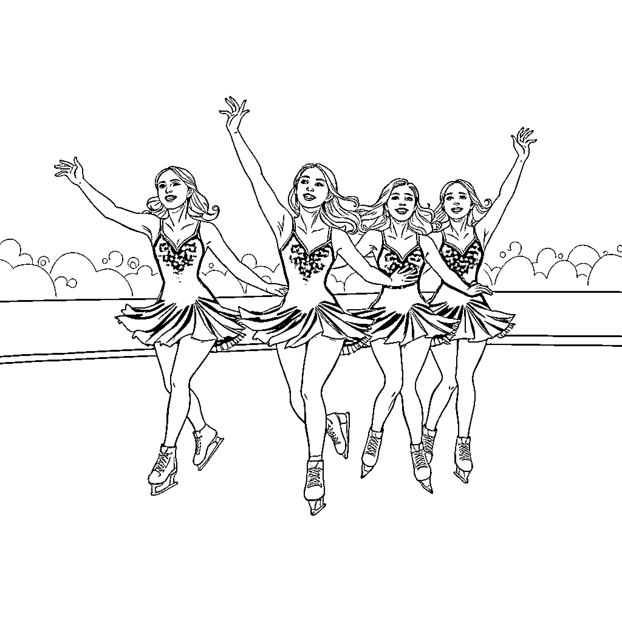 Figure Skating: Synchronized Dance on Ice Coloring Page (free black-and-white line drawing printable PDF for all, from beginners to advanced learners, including children, teens, adults, and seniors)