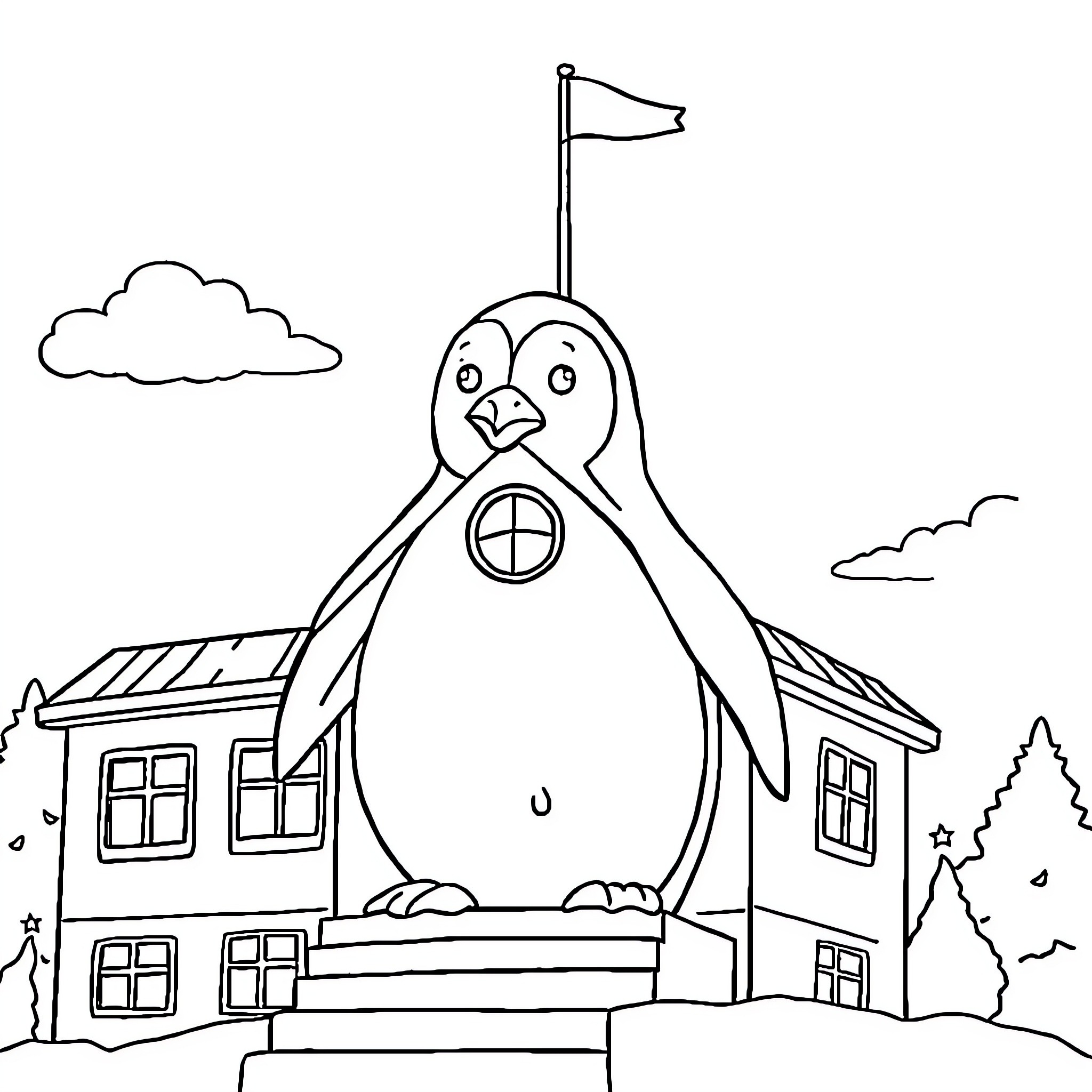 Penguin standing proudly atop a building with a flag Coloring Page (free black-and-white line drawing printable PDF for all, from beginners to advanced learners, including children, teens, adults, and seniors)