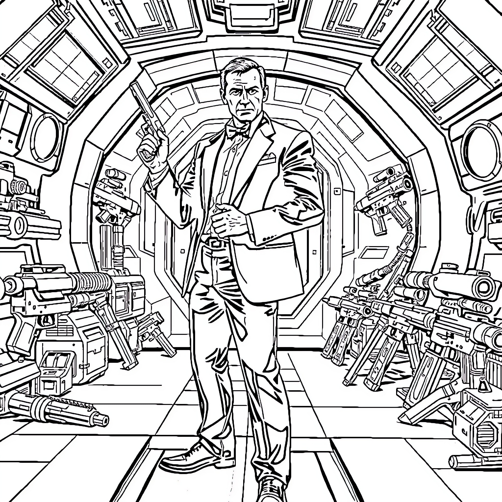 James Bond in Futuristic Armory of Weapons and Tech Coloring Page (free black-and-white line drawing printable PDF for all, from beginners to advanced learners, including children, teens, adults, and seniors)