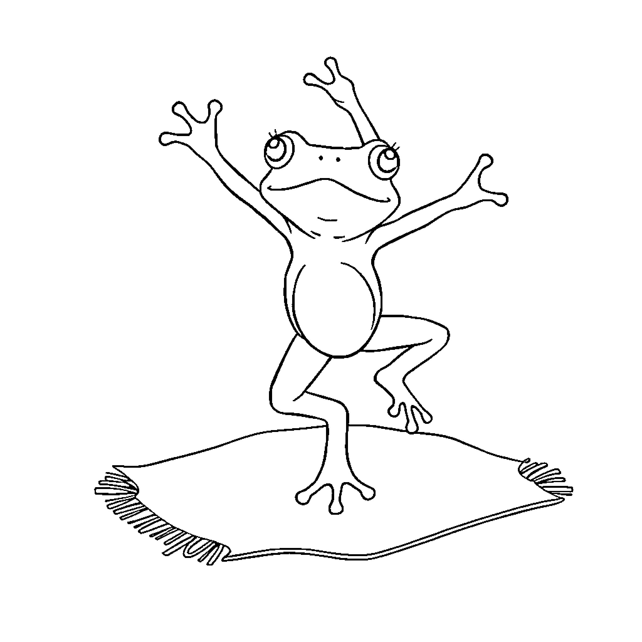 Frog jumping happily on a rug Coloring Page (free black-and-white line drawing printable PDF for all, from beginners to advanced learners, including children, teens, adults, and seniors)