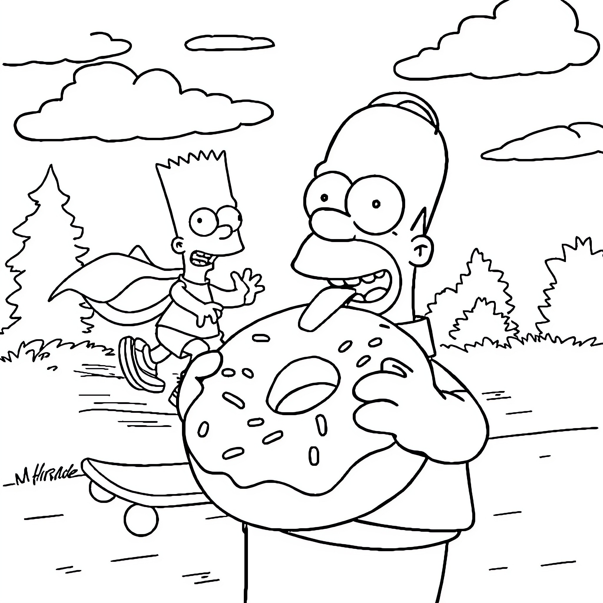 Homer Simpson explores a mysterious giant donut-shaped object Coloring Page (free black-and-white line drawing printable PDF for all, from beginners to advanced learners, including children, teens, adults, and seniors)
