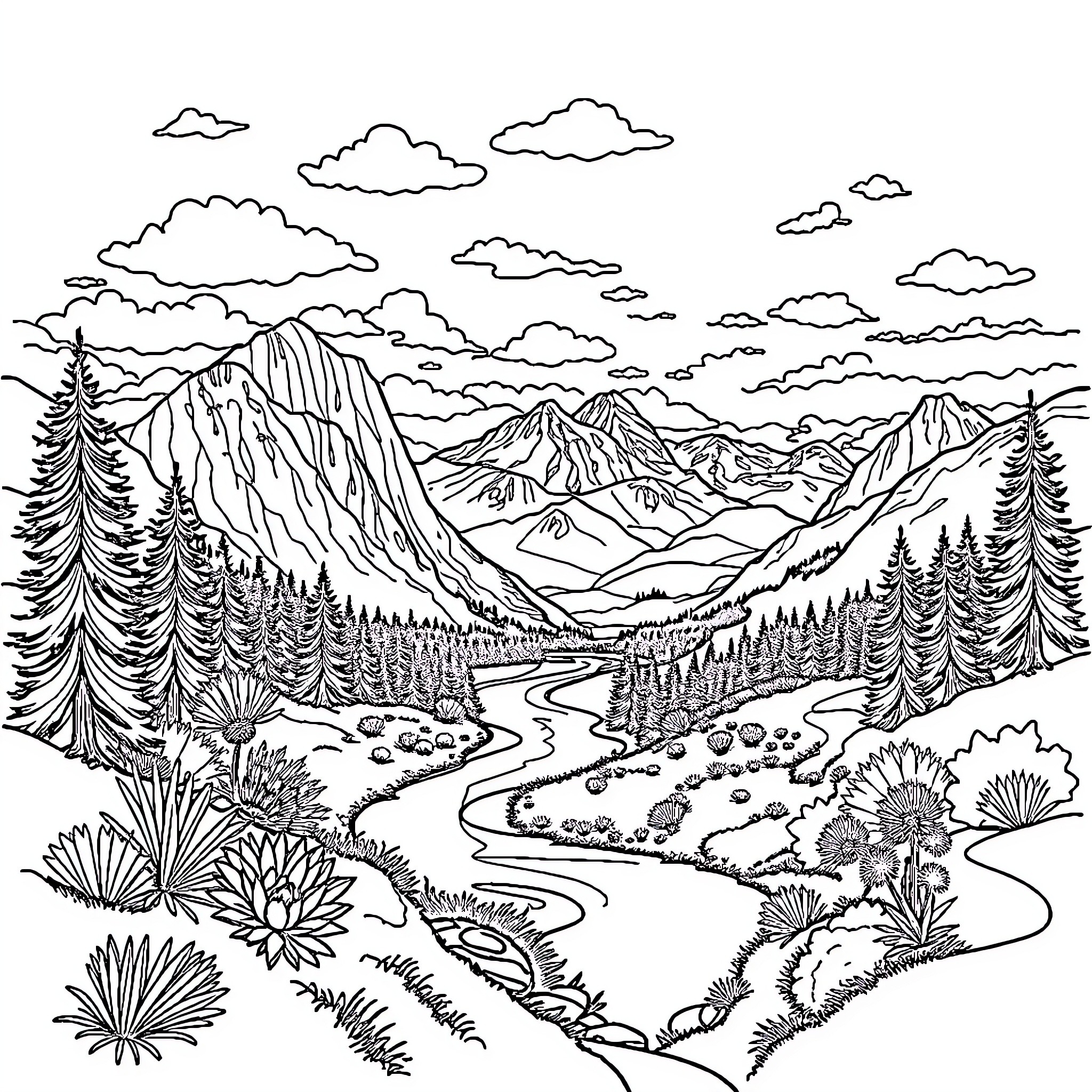Nature's Serene Mountain Landscape Coloring Page (free black-and-white line drawing printable PDF for all, from beginners to advanced learners, including children, teens, adults, and seniors)