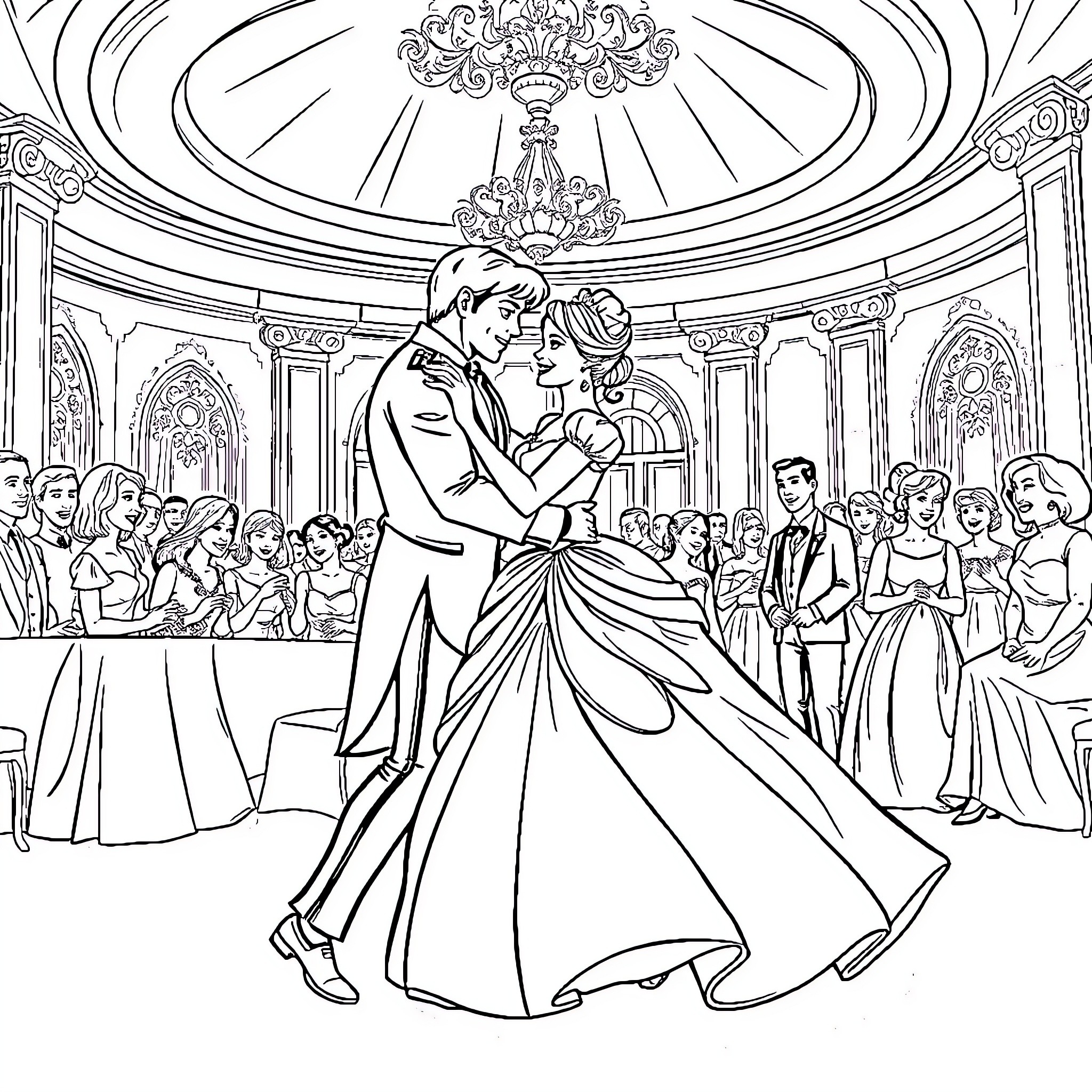 Cinderella's Royal Wedding Celebration Coloring Page (free black-and-white line drawing printable PDF for all, from beginners to advanced learners, including children, teens, adults, and seniors)