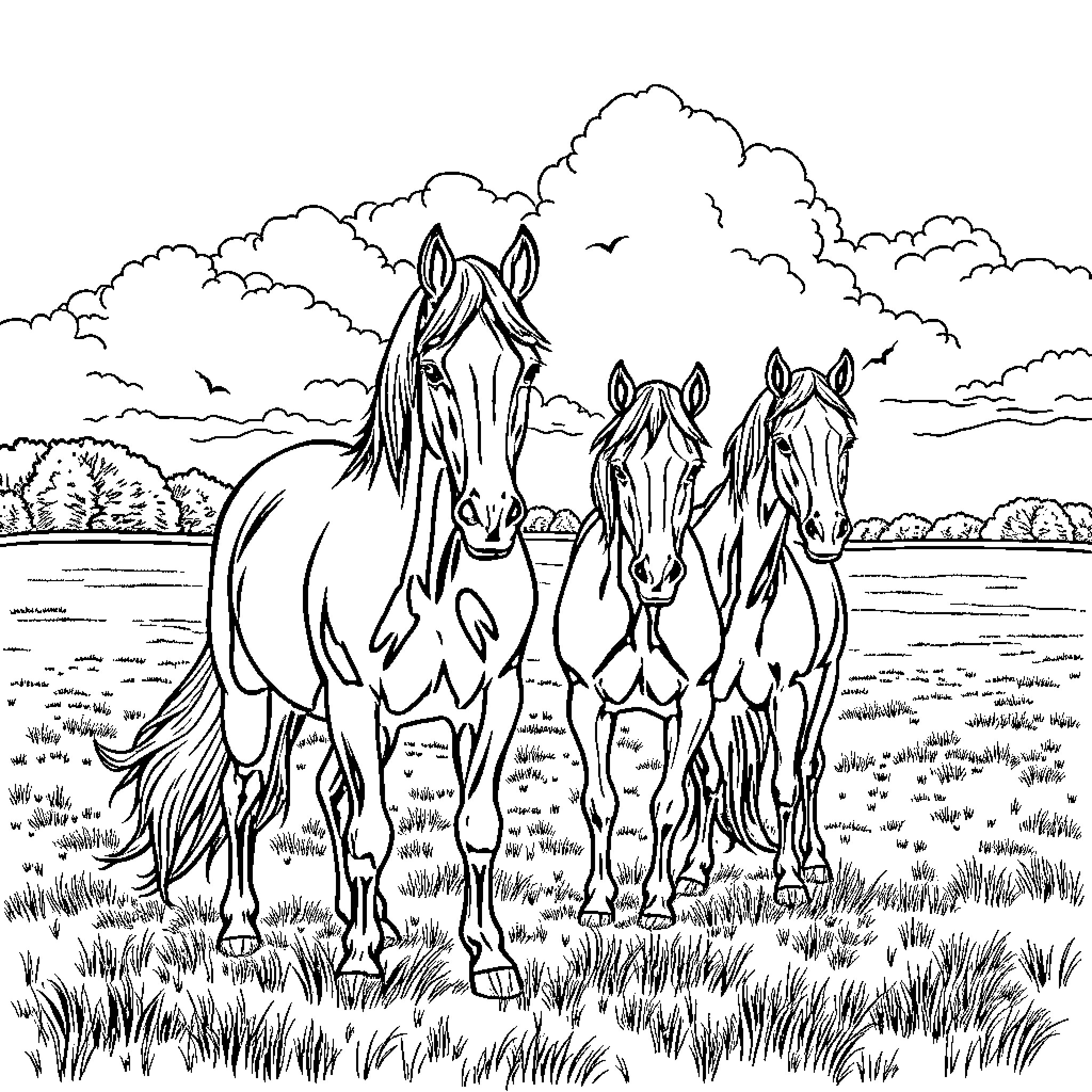 Horse Herd Grazing in Lush Meadow Coloring Page (free black-and-white line drawing printable PDF for all, from beginners to advanced learners, including children, teens, adults, and seniors)