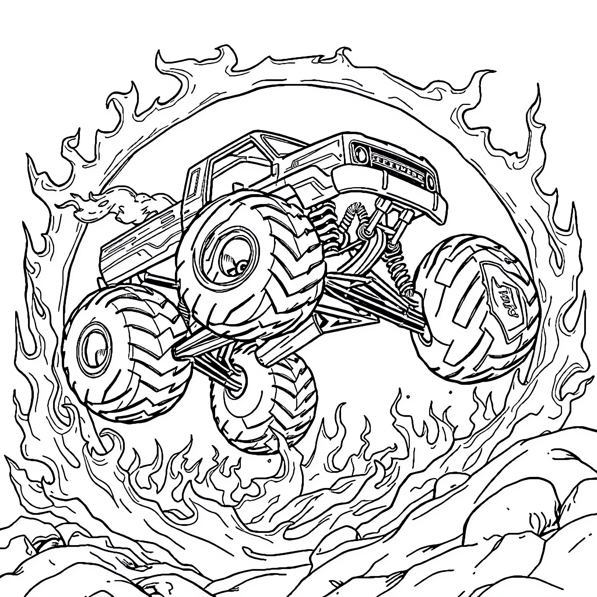 Monster Truck Jumping Over Flames Coloring Page (free black-and-white line drawing printable PDF for all, from beginners to advanced learners, including children, teens, adults, and seniors)