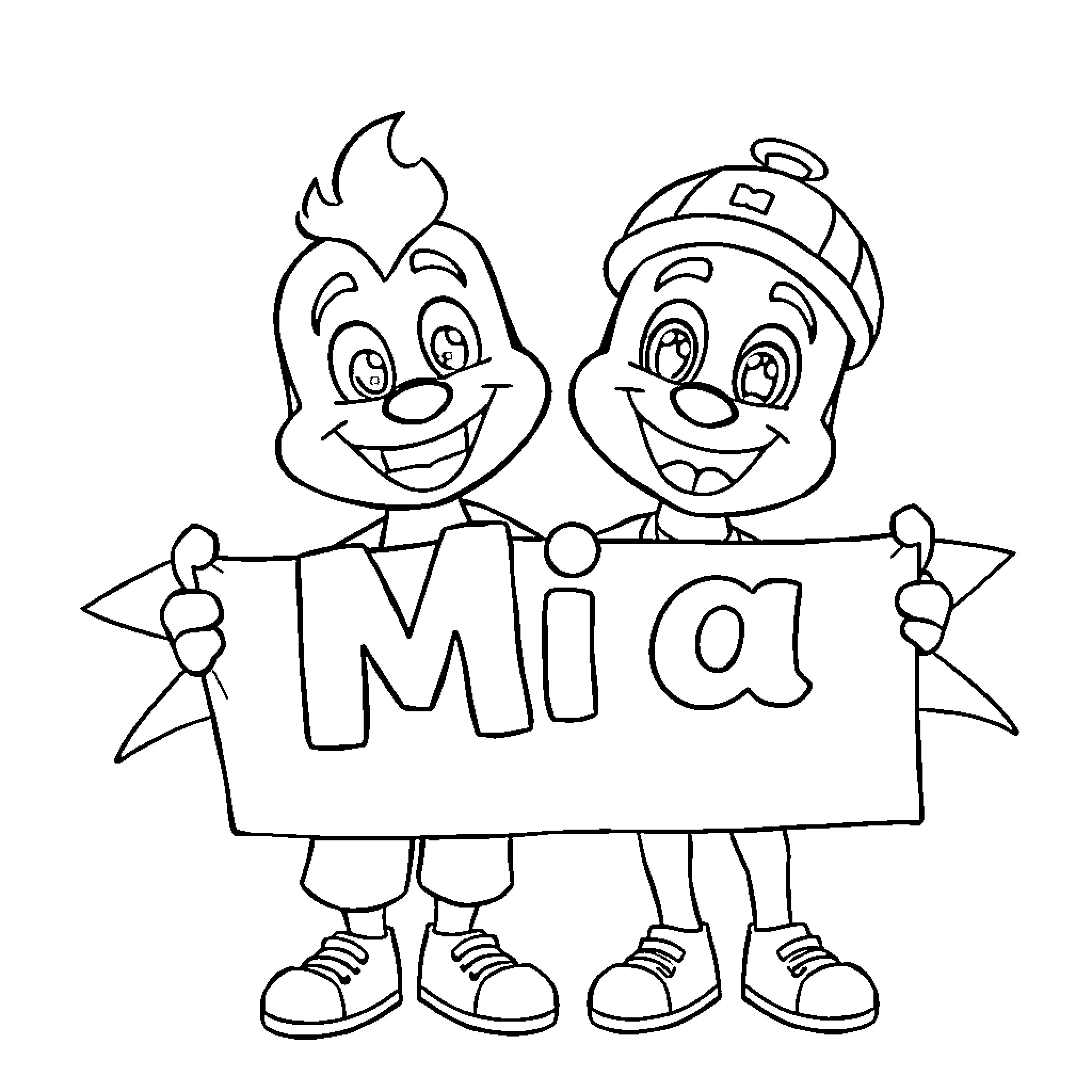 Bluey characters holding a banner with 'Mia' Coloring Page (free black-and-white line drawing printable PDF for all, from beginners to advanced learners, including children, teens, adults, and seniors)
