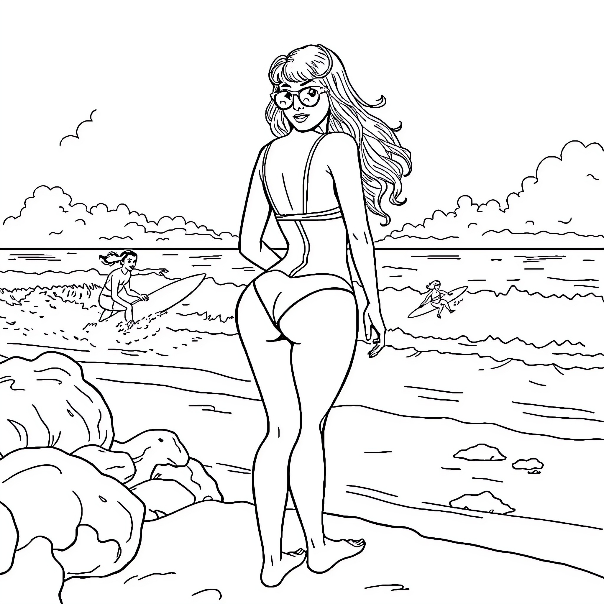 Pinup Girl at the Beach Enjoying the View Coloring Page (free black-and-white line drawing printable PDF for all, from beginners to advanced learners, including children, teens, adults, and seniors)