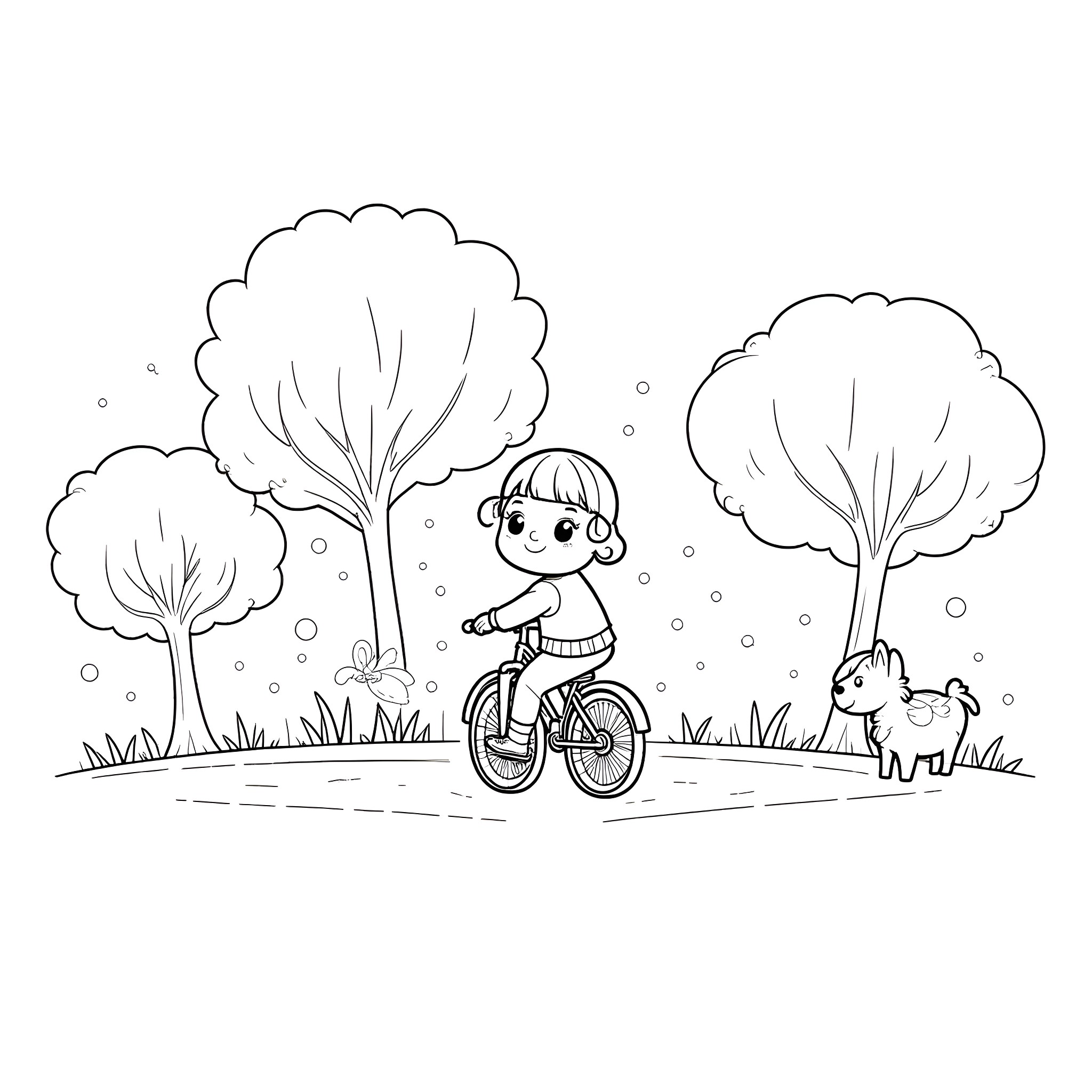 Child riding bike in nature Coloring Page (free black-and-white line drawing printable PDF for all, from beginners to advanced learners, including children, teens, adults, and seniors)