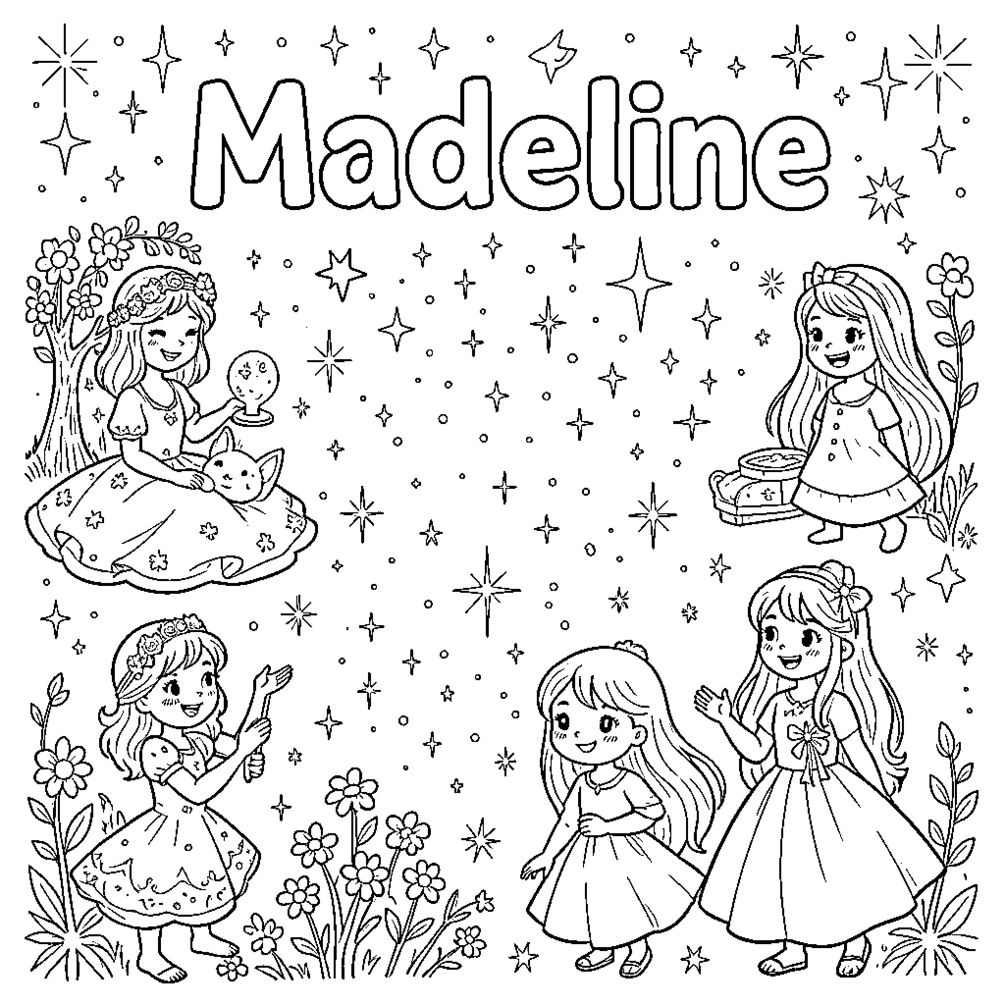 Madeline's Enchanting Storybook Adventure Coloring Page (free black-and-white line drawing printable PDF for all, from beginners to advanced learners, including children, teens, adults, and seniors)