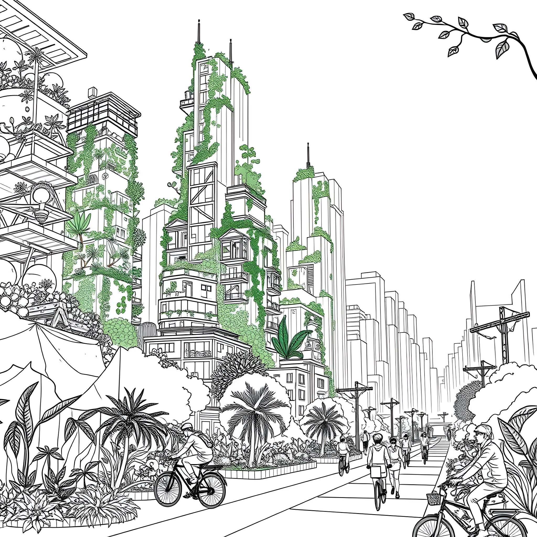 Net Zero Urban Oasis with Greenery and Mobility Coloring Page (free black-and-white line drawing printable PDF for all, from beginners to advanced learners, including children, teens, adults, and seniors)