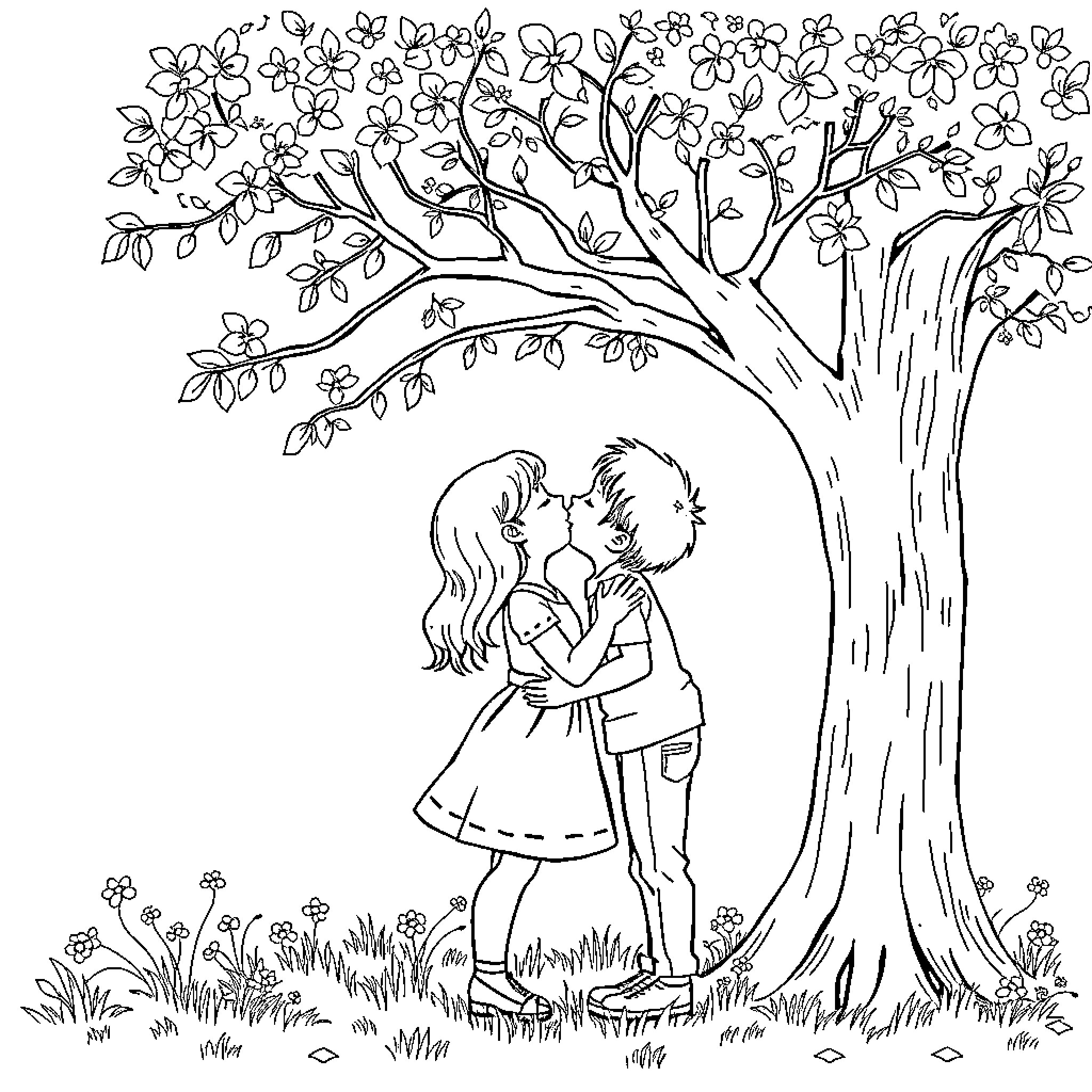 Girl embracing under the blossoming tree Coloring Page (free black-and-white line drawing printable PDF for all, from beginners to advanced learners, including children, teens, adults, and seniors)