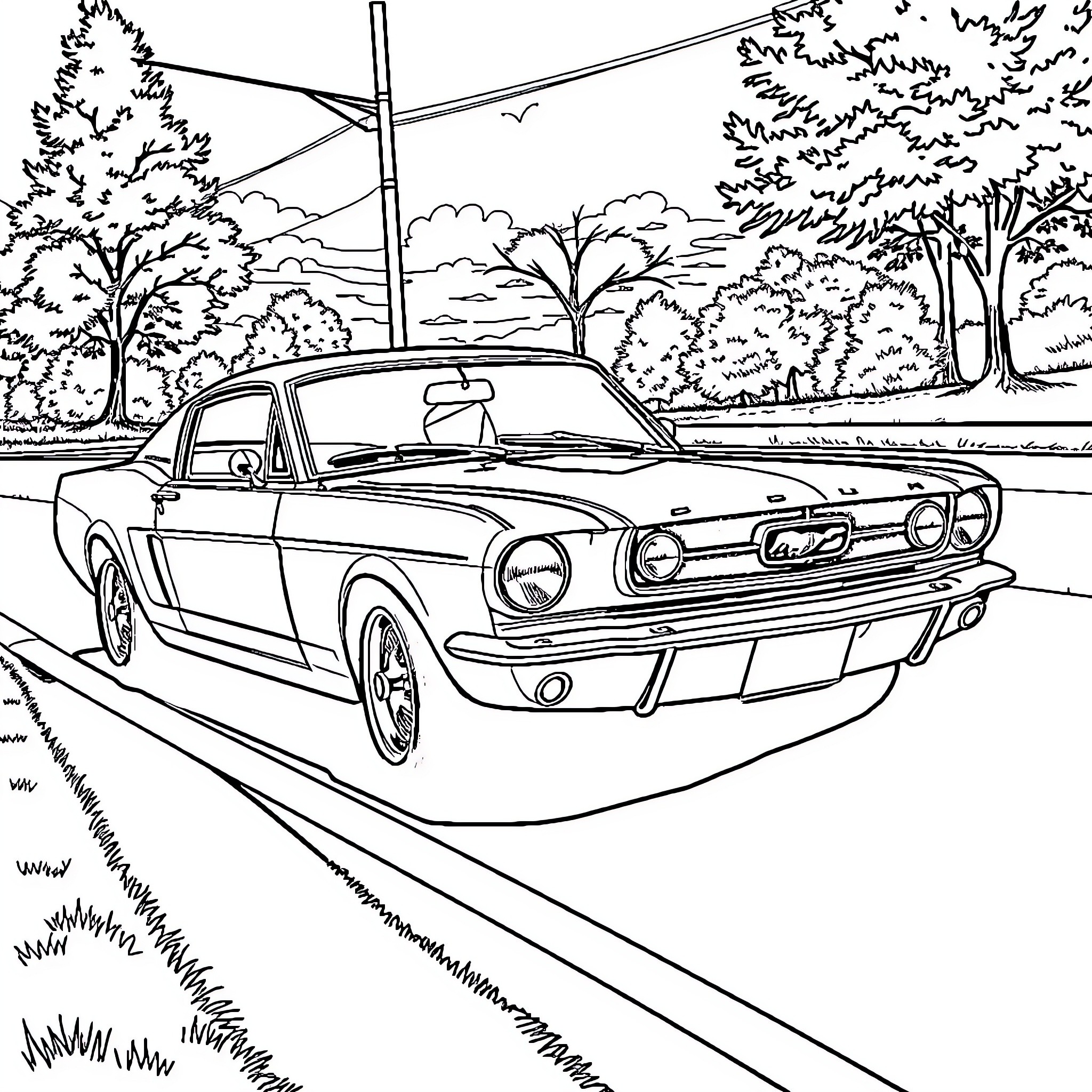 Mustang cruising through scenic landscape Coloring Page (free black-and-white line drawing printable PDF for all, from beginners to advanced learners, including children, teens, adults, and seniors)