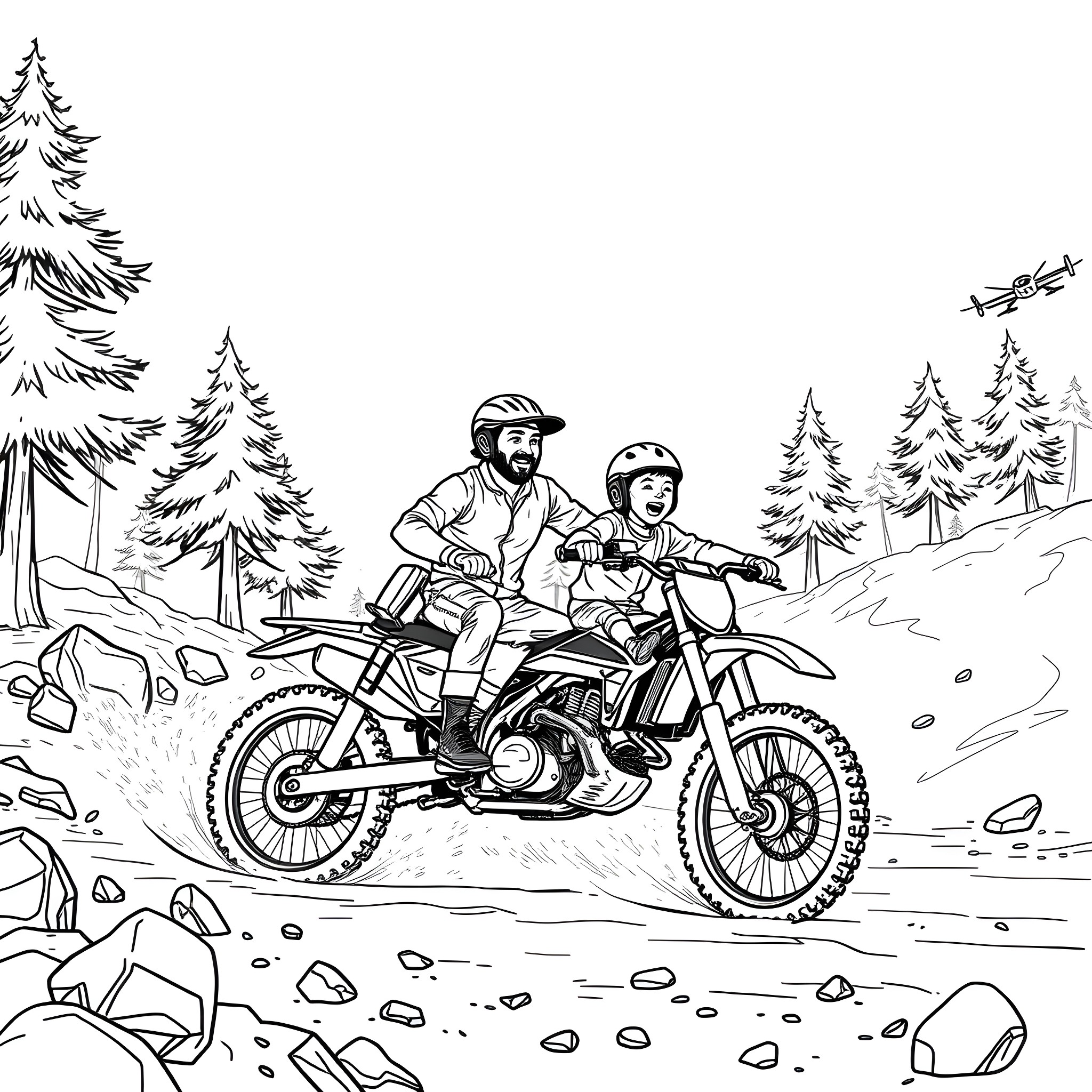 Dirt Bike Riders Navigating Through Rocky Terrain Coloring Page (free black-and-white line drawing printable PDF for all, from beginners to advanced learners, including children, teens, adults, and seniors)