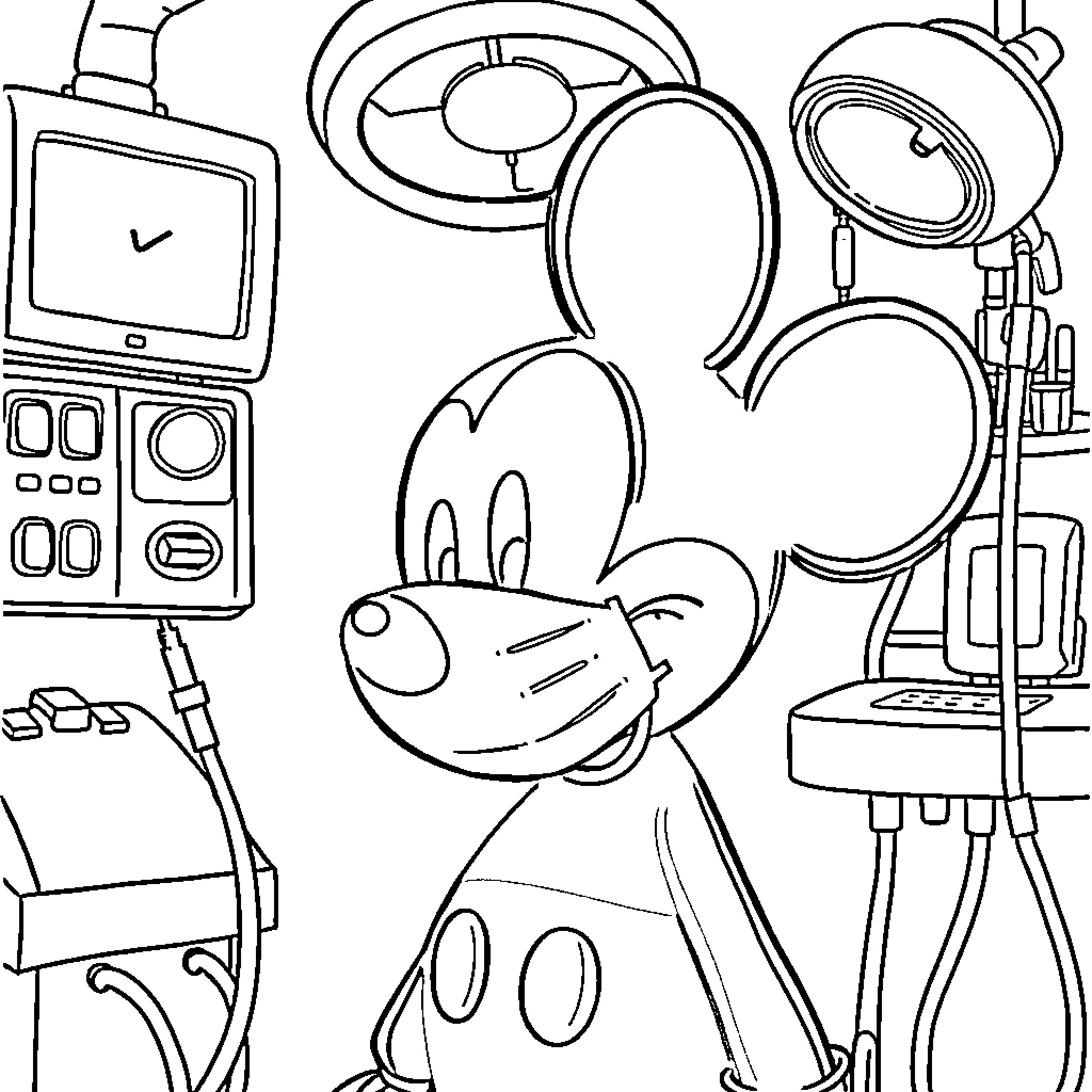 Mickey Mouse in the Recording Studio Coloring Page (free black-and-white line drawing printable PDF for all, from beginners to advanced learners, including children, teens, adults, and seniors)