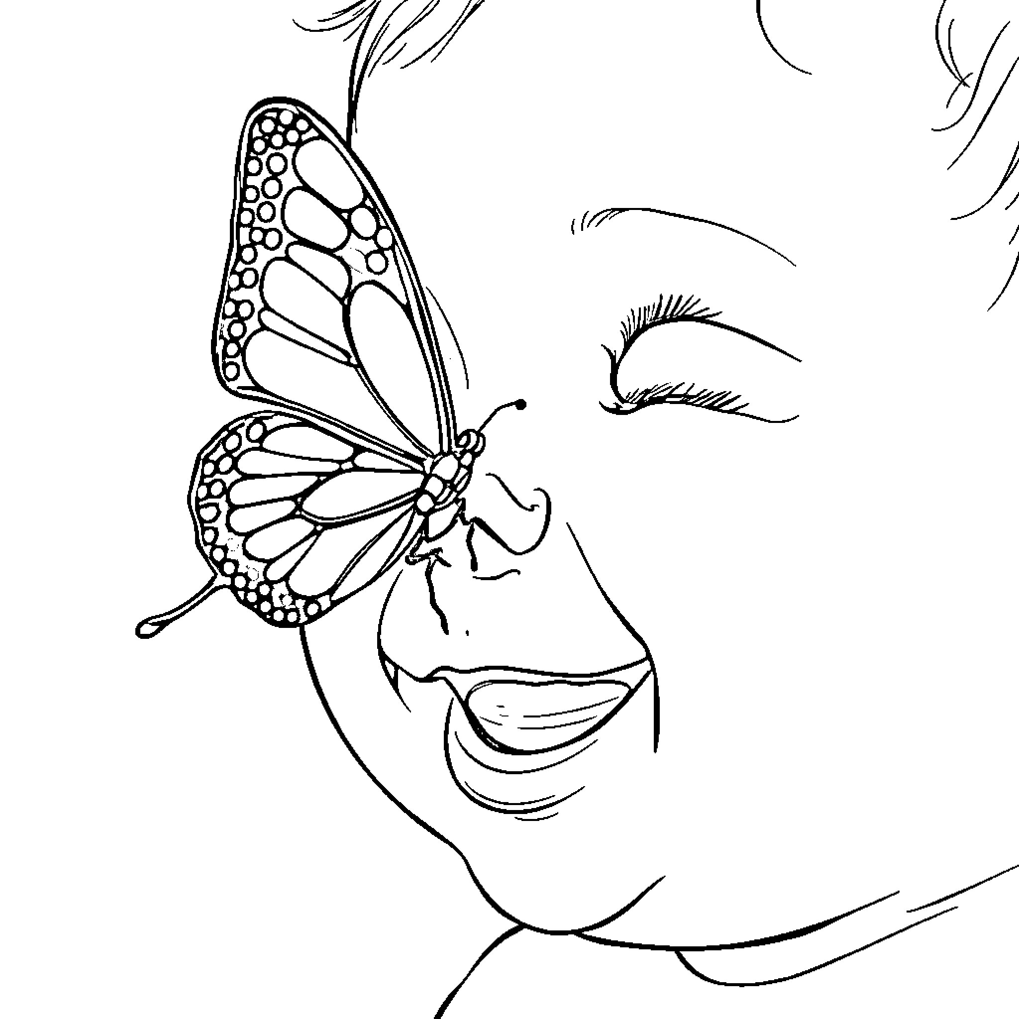 Butterfly resting on a person's face Coloring Page (free black-and-white line drawing printable PDF for all, from beginners to advanced learners, including children, teens, adults, and seniors)