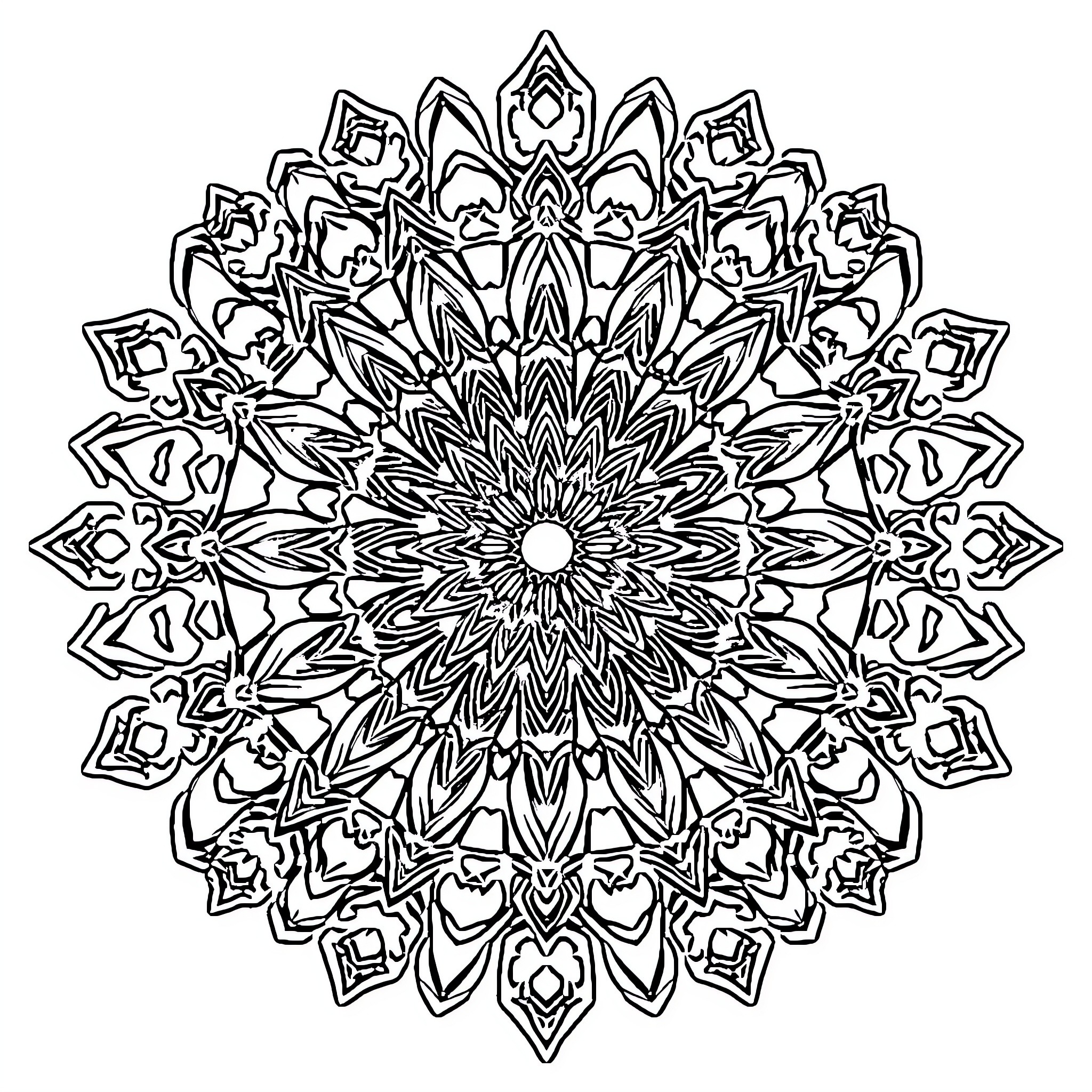 Mandala of intricate geometric patterns Coloring Page (free black-and-white line drawing printable PDF for all, from beginners to advanced learners, including children, teens, adults, and seniors)