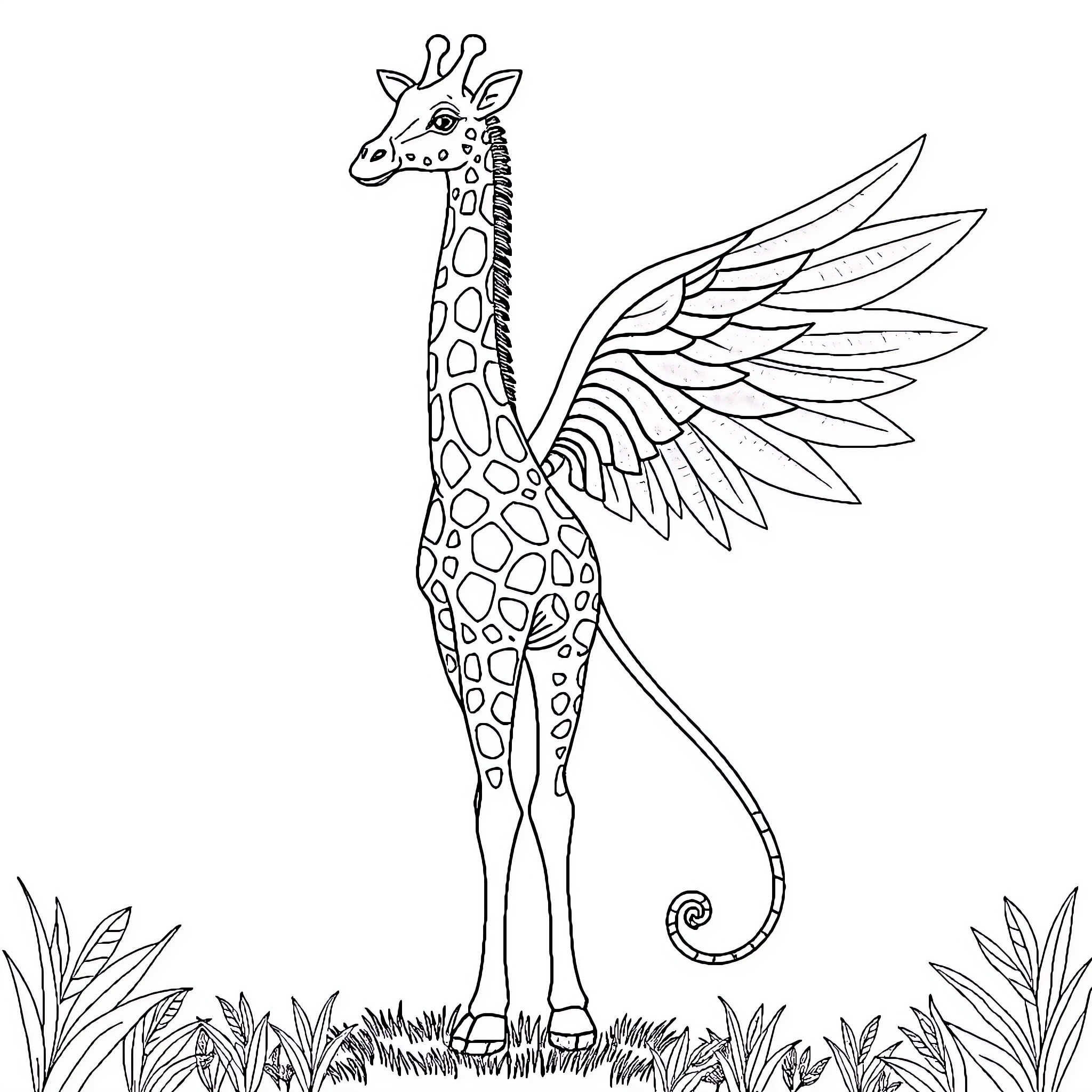 Giraffe with majestic wings taking flight Coloring Page (free black-and-white line drawing printable PDF for all, from beginners to advanced learners, including children, teens, adults, and seniors)
