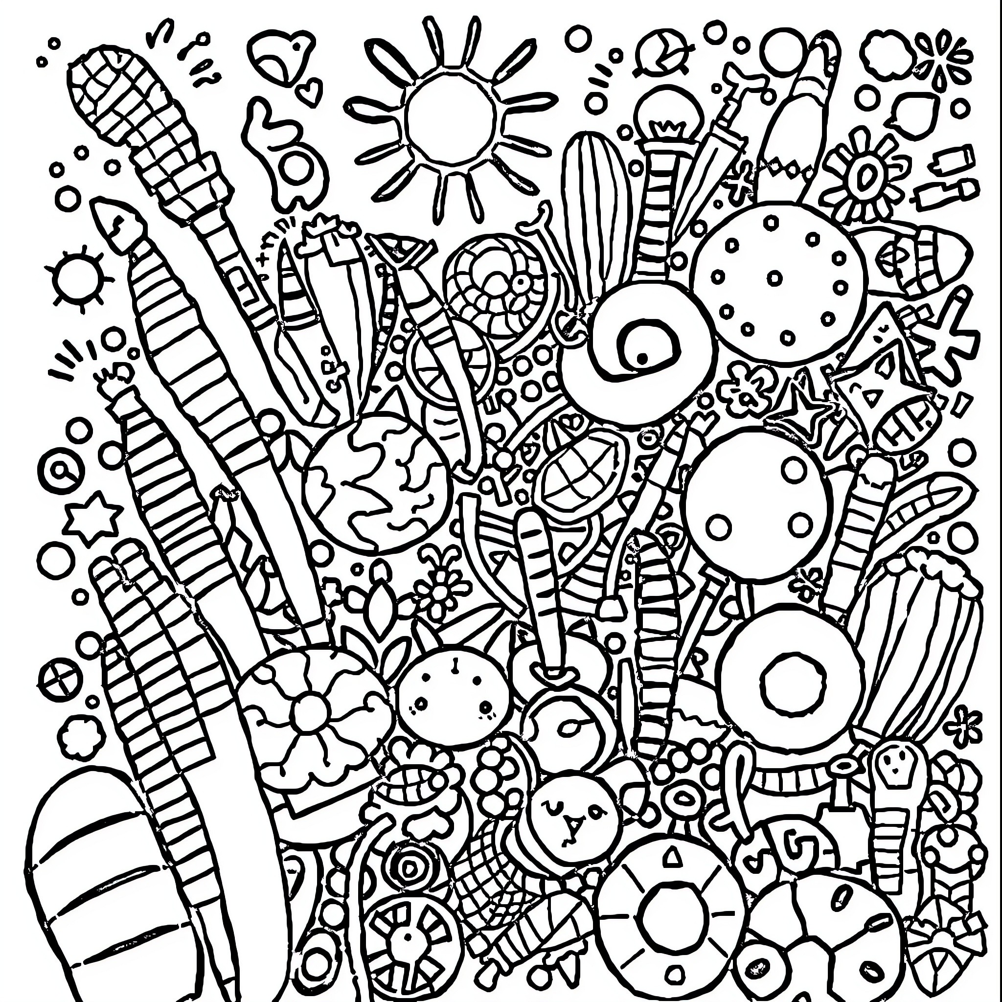 Doodleart of whimsical shapes and patterns Coloring Page (free black-and-white line drawing printable PDF for all, from beginners to advanced learners, including children, teens, adults, and seniors)