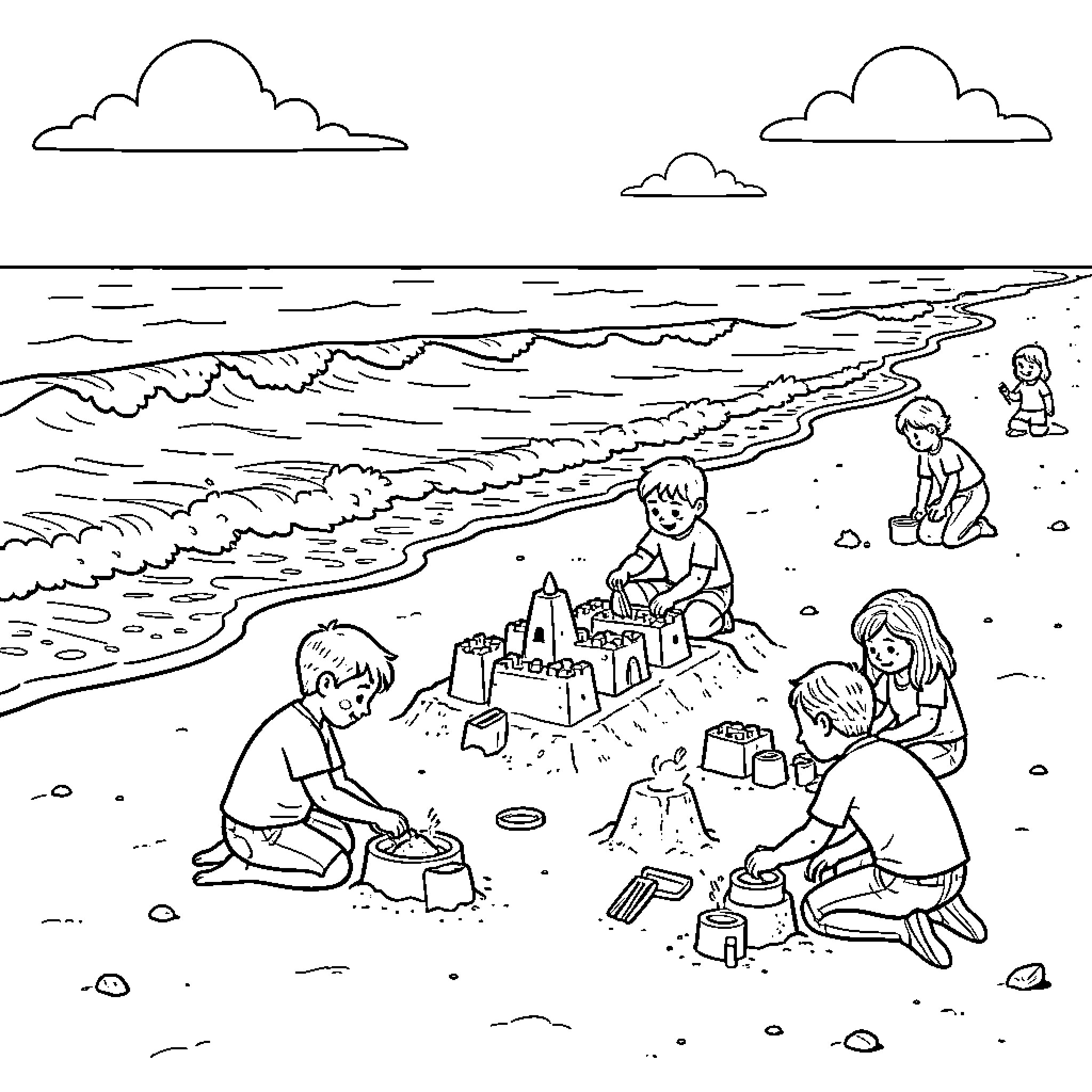 Beach scene with children building sandcastles Coloring Page (free black-and-white line drawing printable PDF for all, from beginners to advanced learners, including children, teens, adults, and seniors)