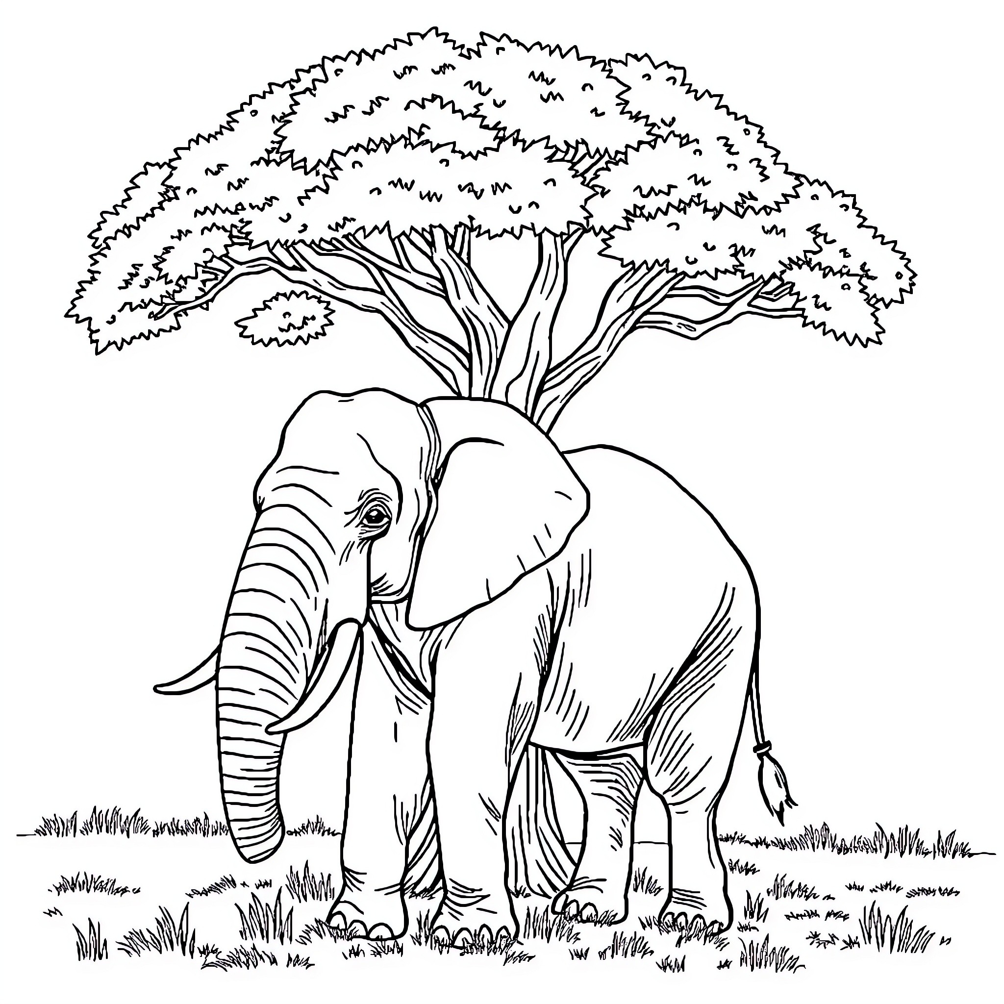 Elephant resting under large tree Coloring Page (free black-and-white line drawing printable PDF for all, from beginners to advanced learners, including children, teens, adults, and seniors)