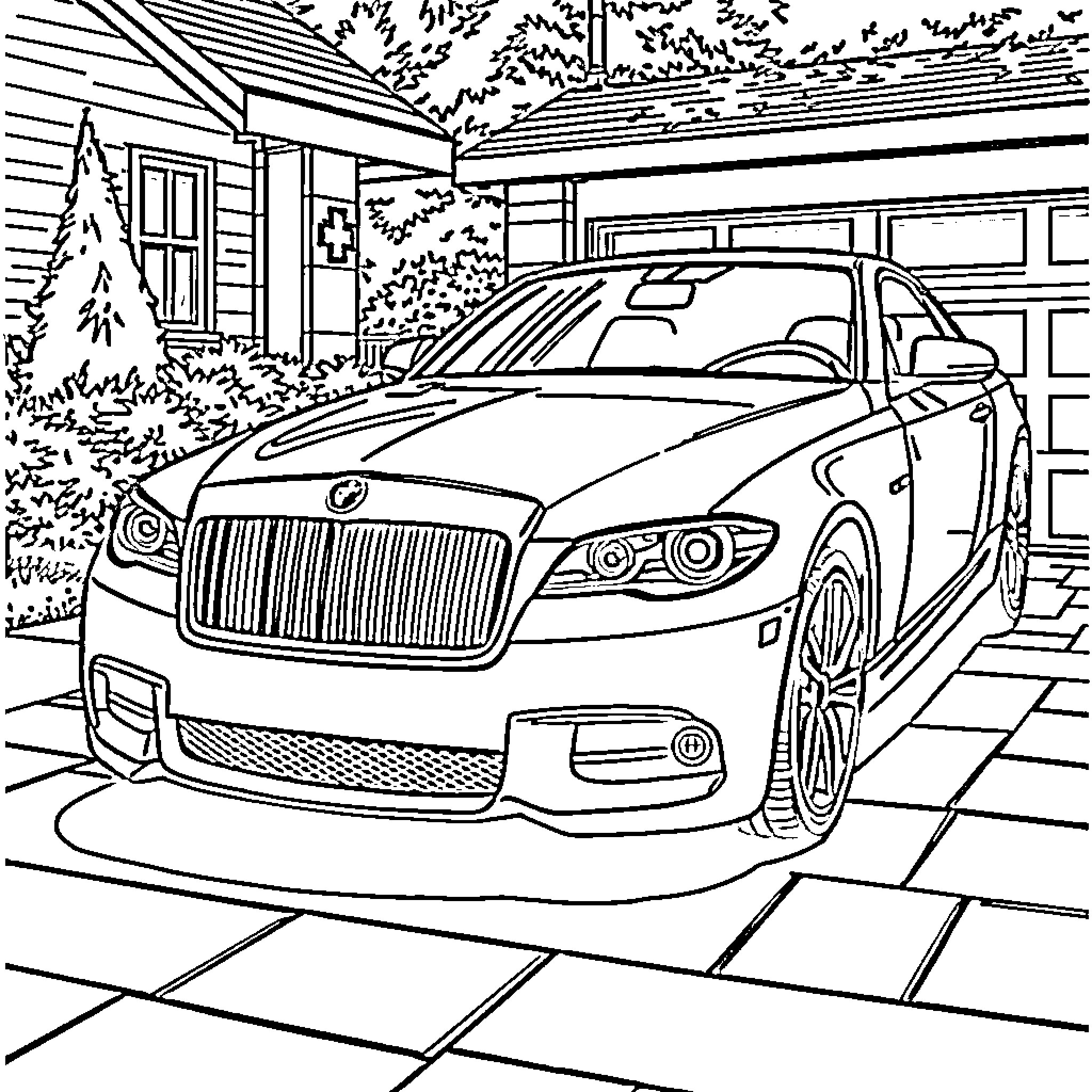 Car in a Suburban Driveway Coloring Page (free black-and-white line drawing printable PDF for all, from beginners to advanced learners, including children, teens, adults, and seniors)