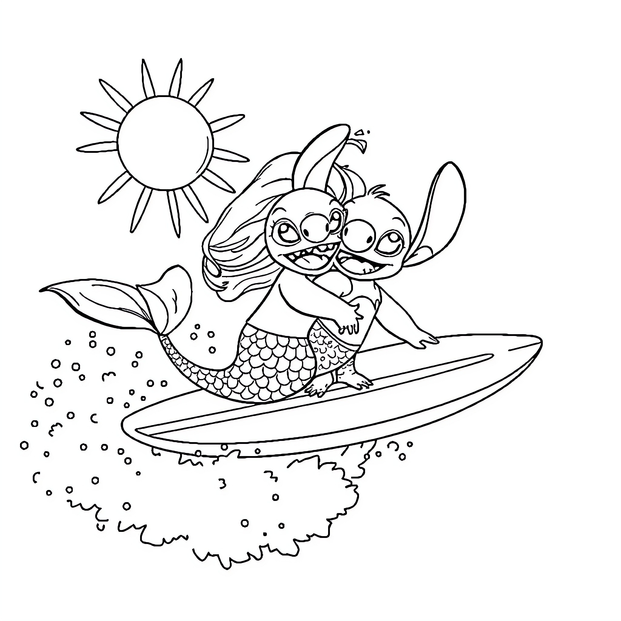 Mermaid riding a surfboard on the ocean Coloring Page (free black-and-white line drawing printable PDF for all, from beginners to advanced learners, including children, teens, adults, and seniors)