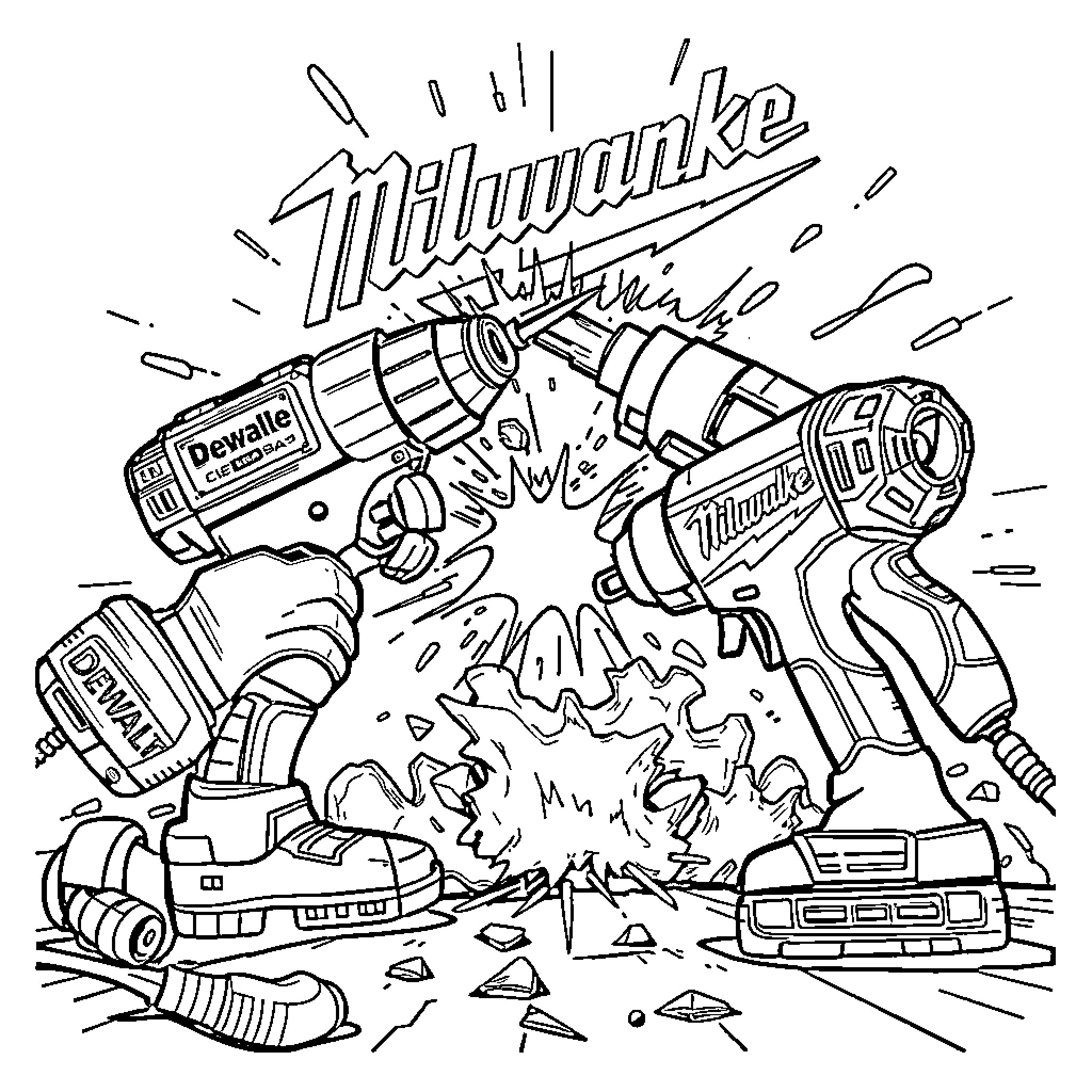 Tool Destructive Power Drills Colliding Coloring Page (free black-and-white line drawing printable PDF for all, from beginners to advanced learners, including children, teens, adults, and seniors)