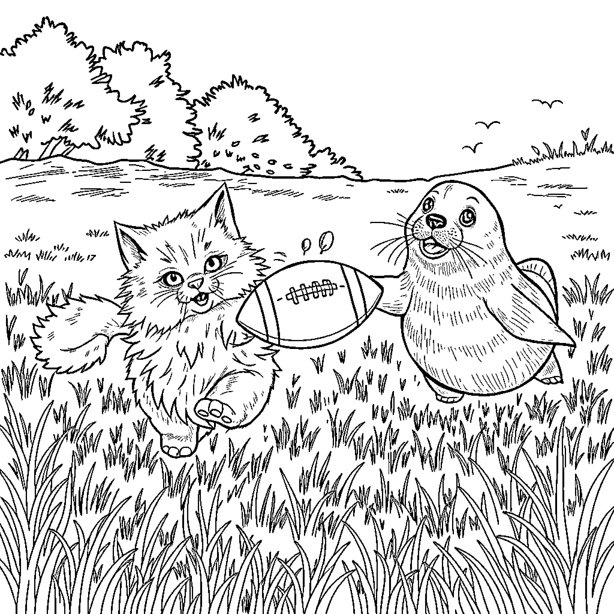 Cat Playing with Football in Nature Coloring Page (free black-and-white line drawing printable PDF for all, from beginners to advanced learners, including children, teens, adults, and seniors)